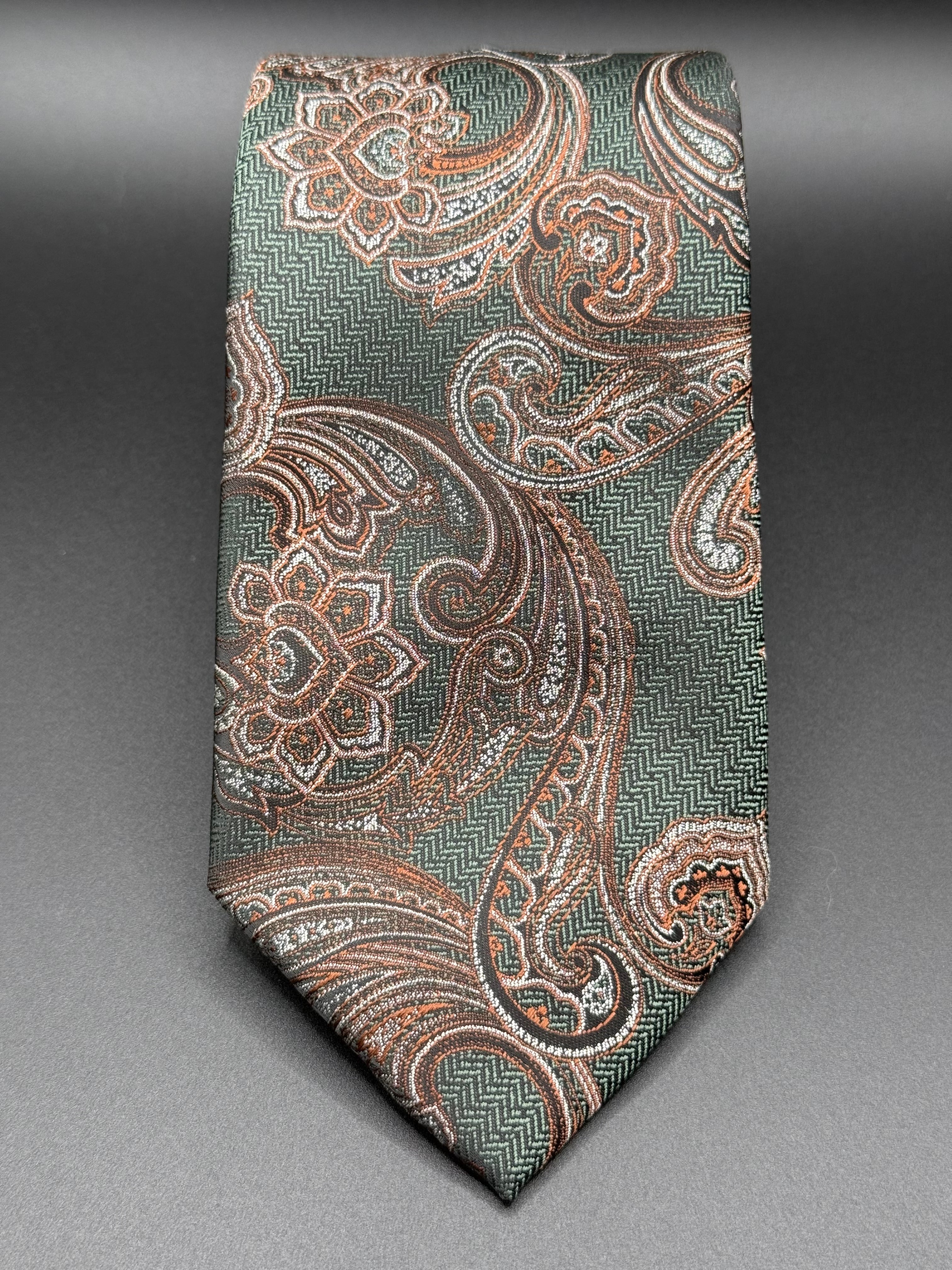 Brown and Silver Vintage Paisley on Deep Forest Green necktie