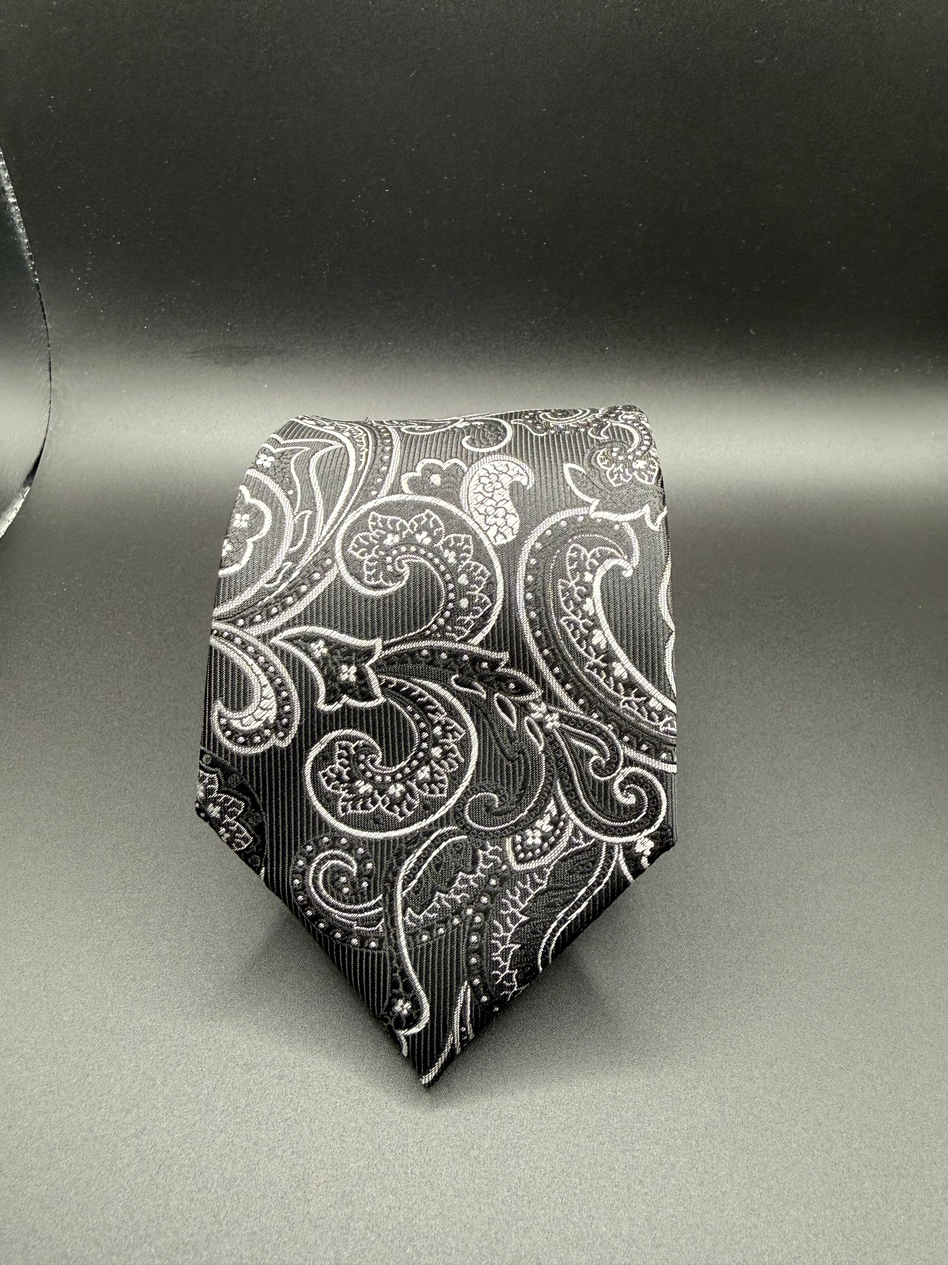 Silver and Black Paisley on Deep Black Necktie