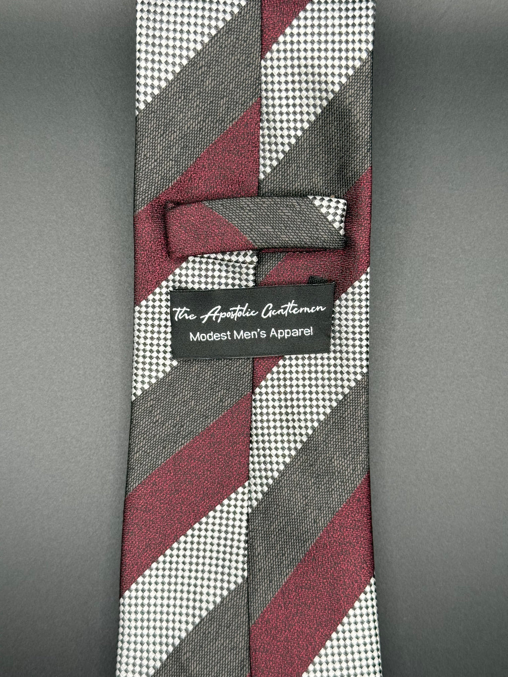 Burgundy, Charcoal White and Black Checkered Striped Necktie
