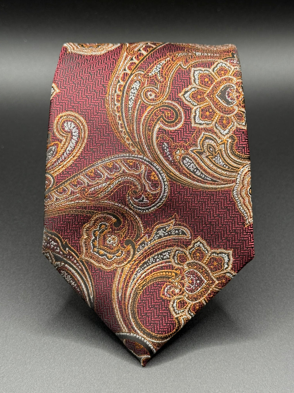 Gold, Cream, and Amber Vintage Paisley on Burgundy Necktie