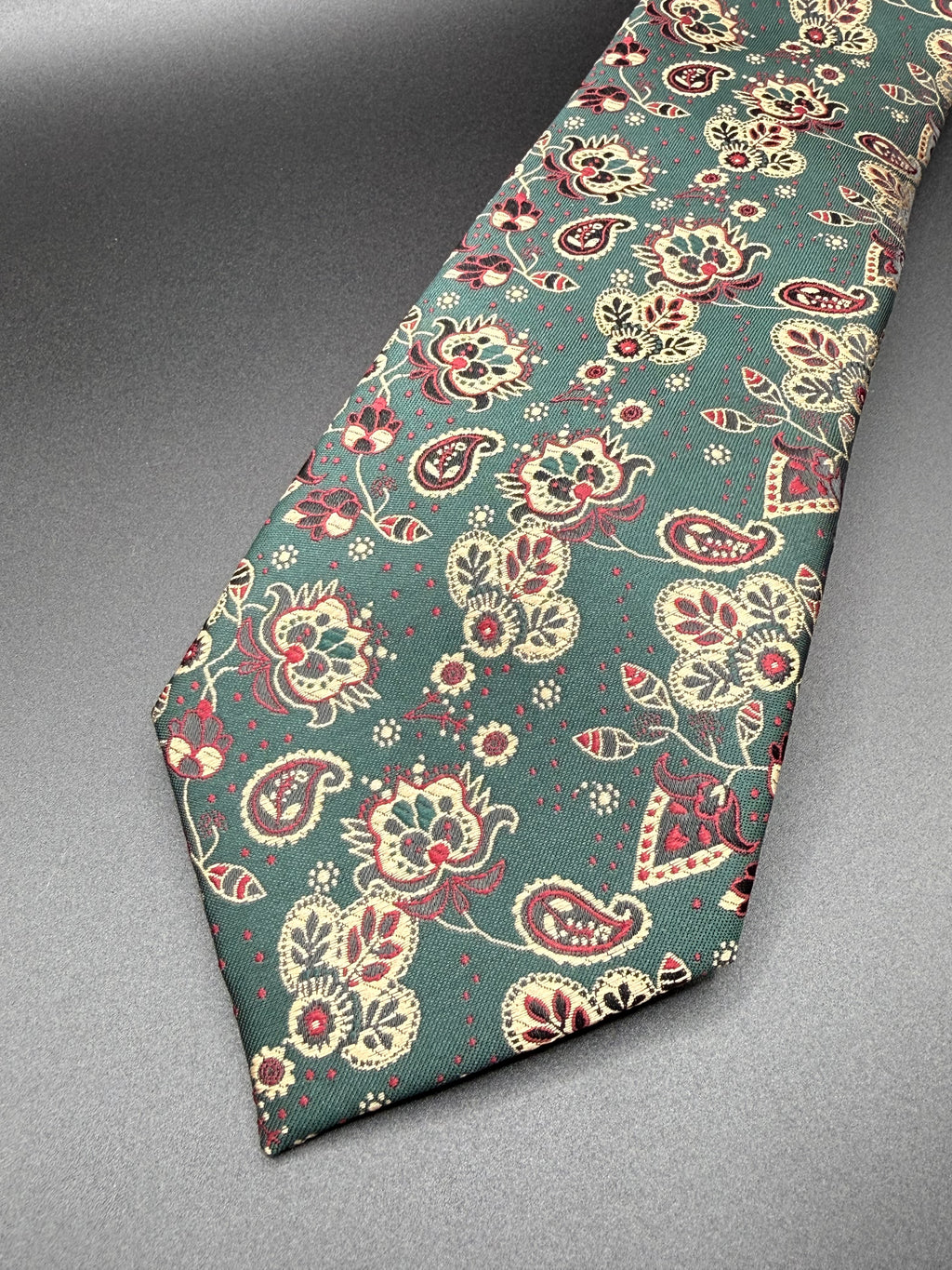 Cream, Gold, and Burgundy on Deep Green Cherry Blossom Paisley Necktie