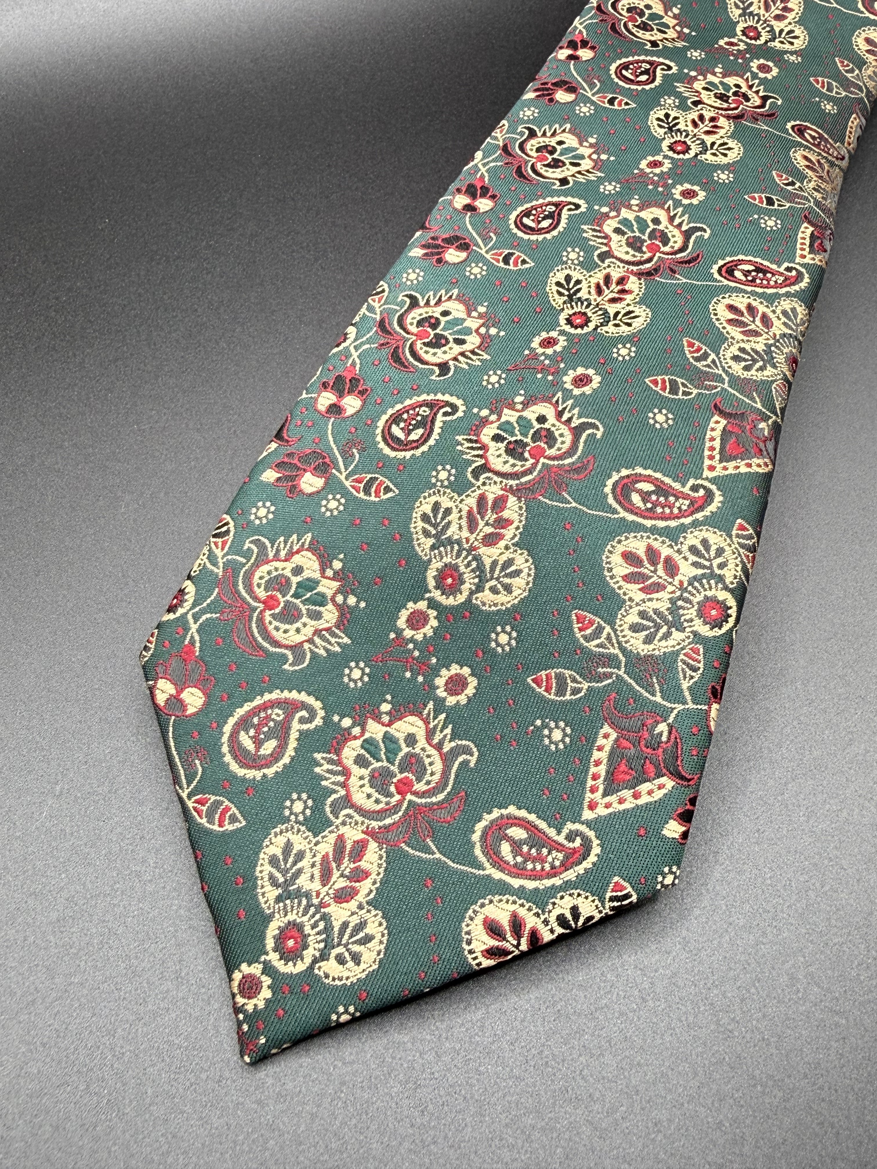 Cream, Gold, and Burgundy on Deep Green Cherry Blossom Paisley Necktie