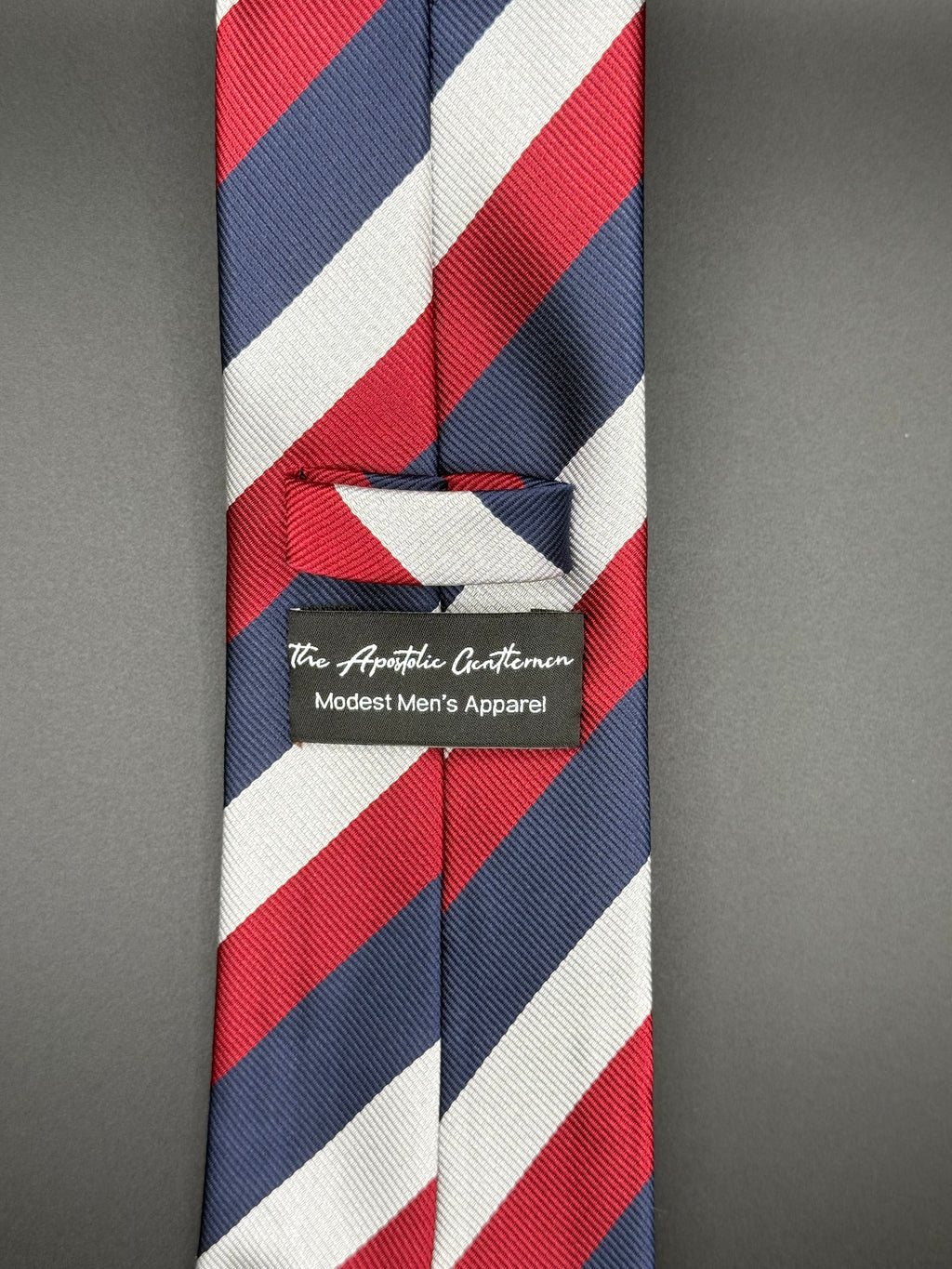 Navy, Red, and Light Grey Stiped Necktie