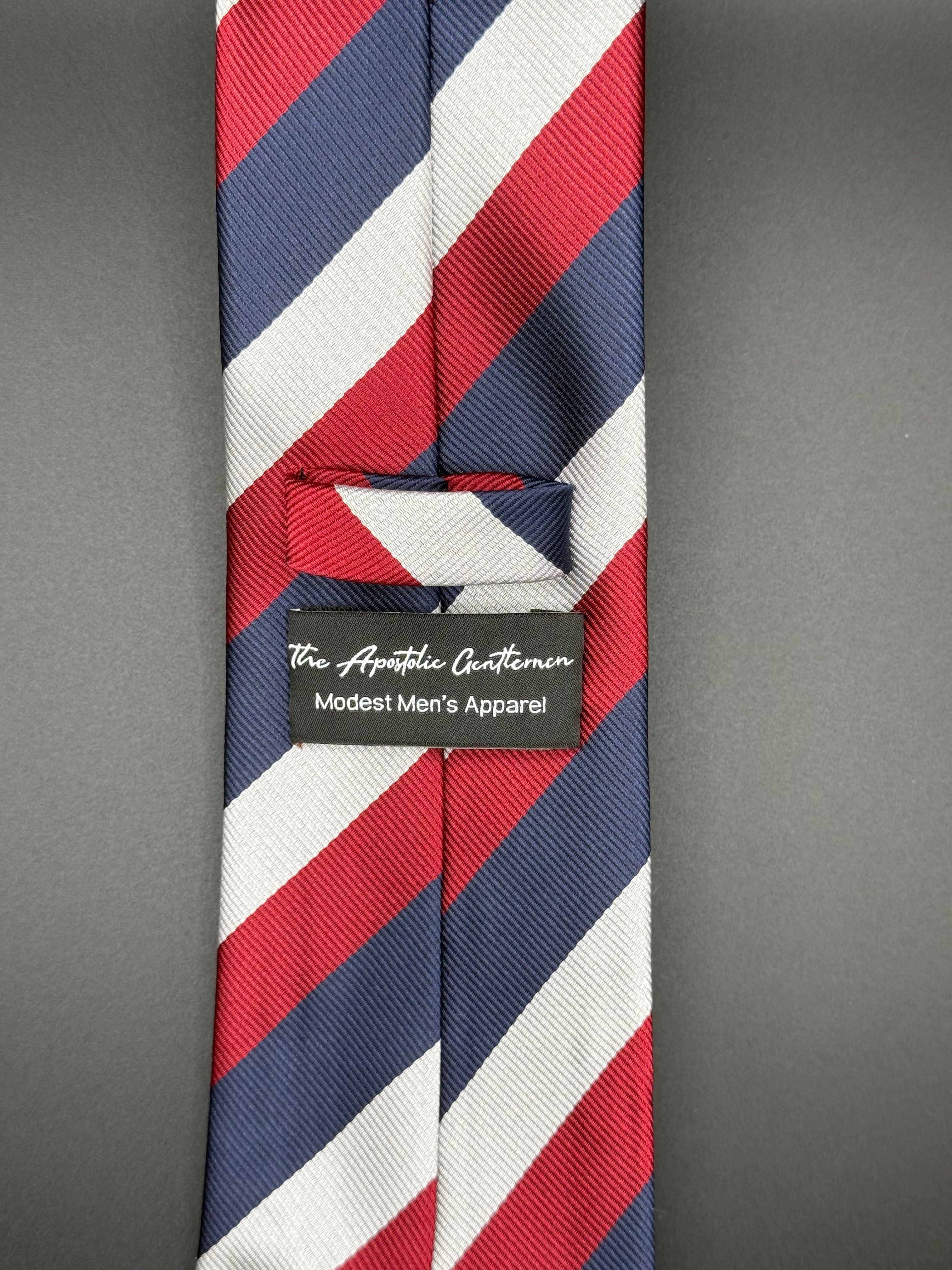 Navy, Red, and Light Grey Stiped Necktie