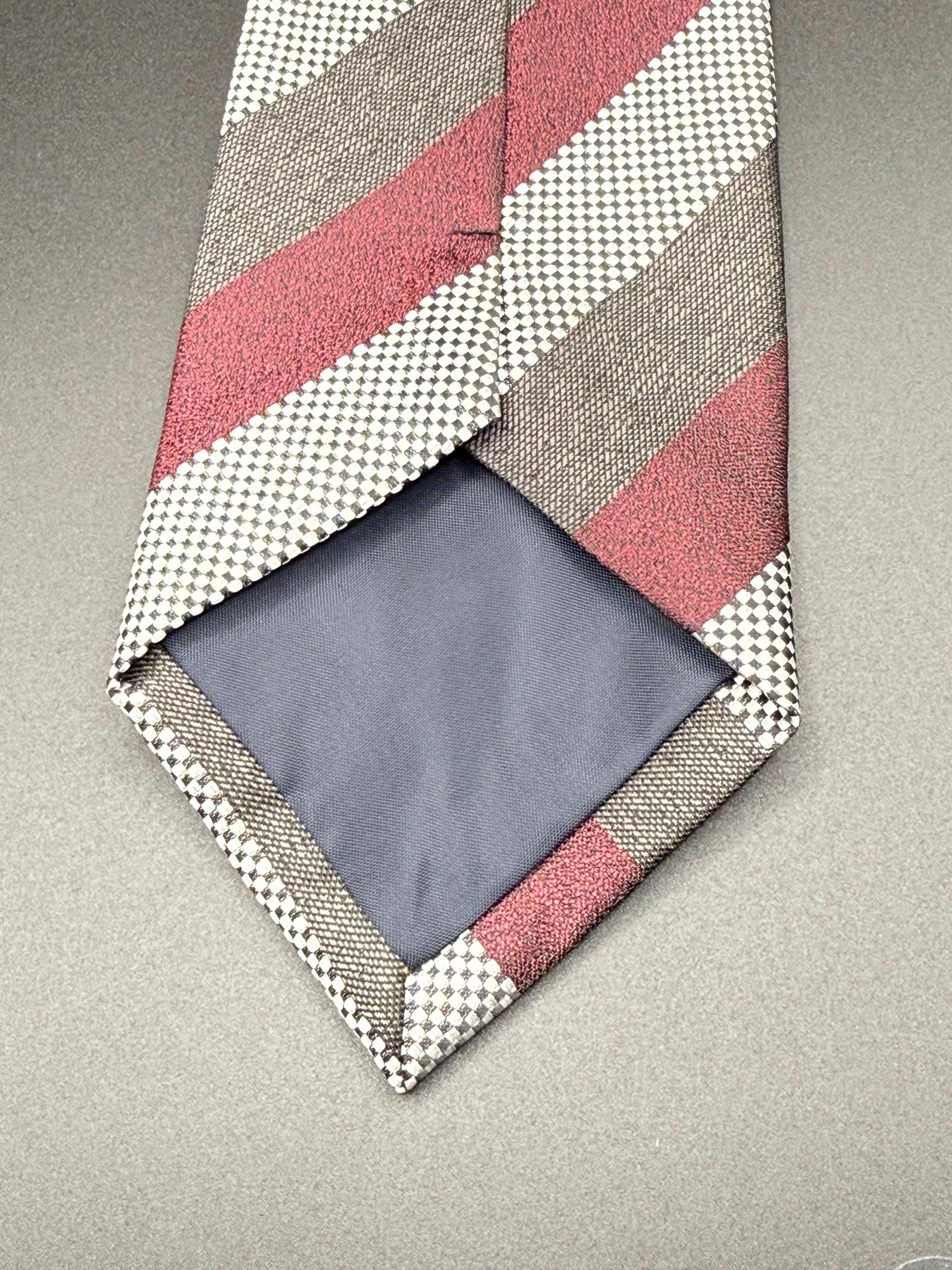 Burgundy, Charcoal White and Black Checkered Striped Necktie