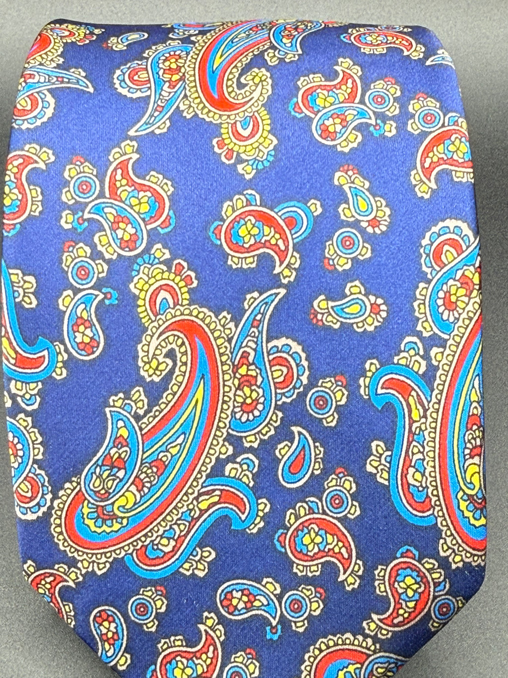 Red, Yellow, and Turquoise Vintage Paisley on Royal Blue Necktie