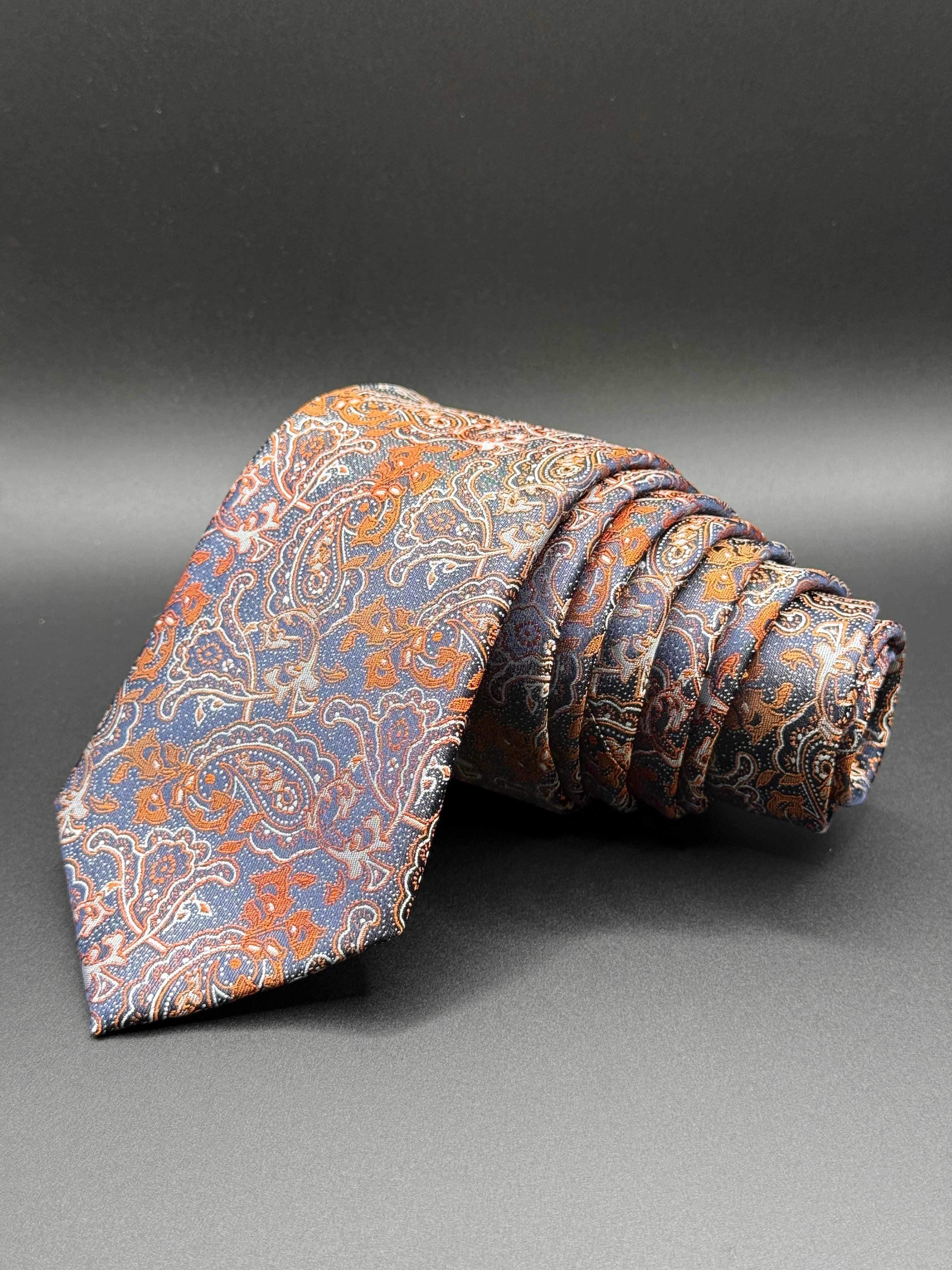 Burnt Orange and Cream Paisley on Slate Blue Necktie
