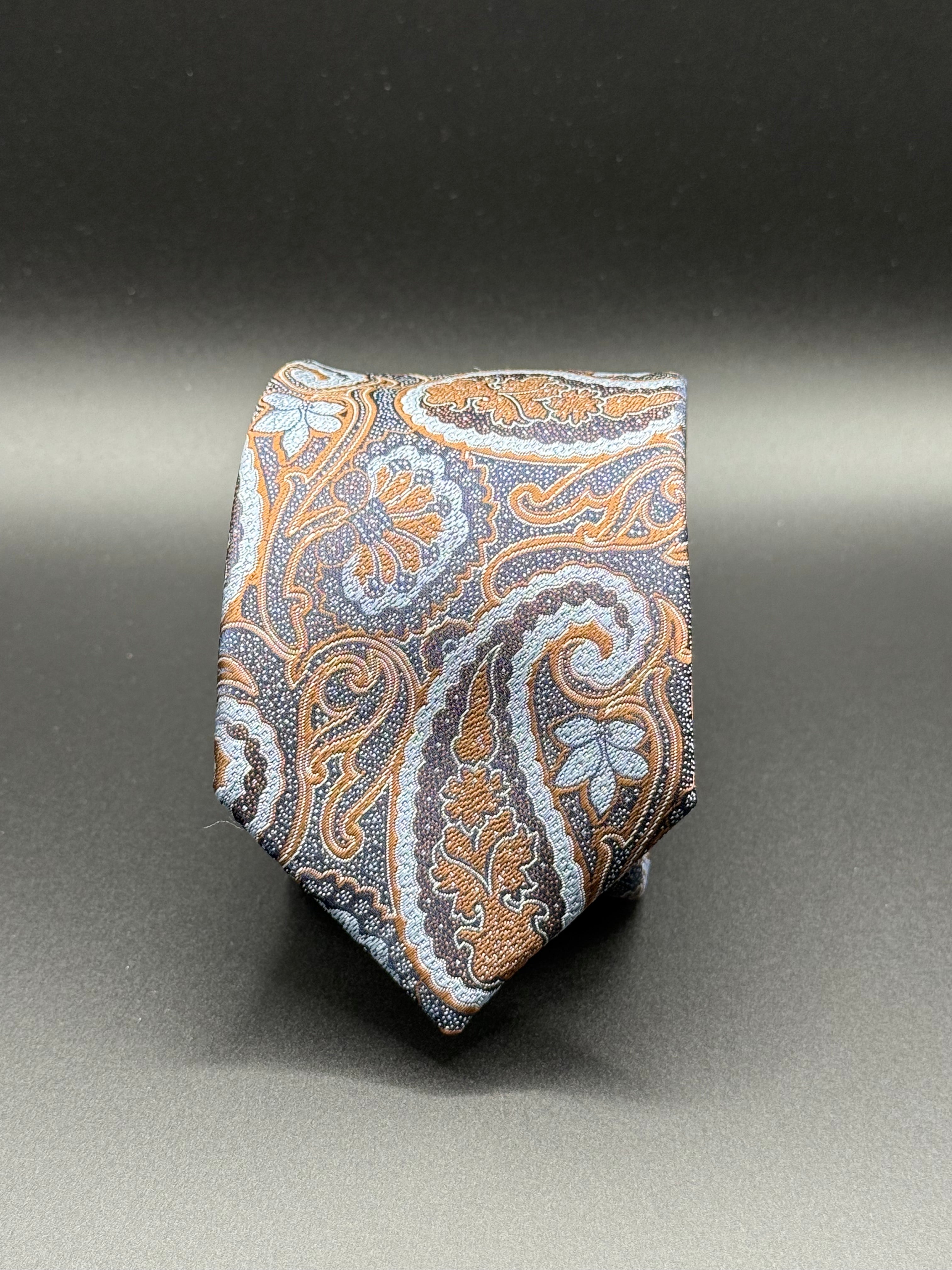 Bronze, Cream, and Sky Blue Paisley on Steel Blue Necktie