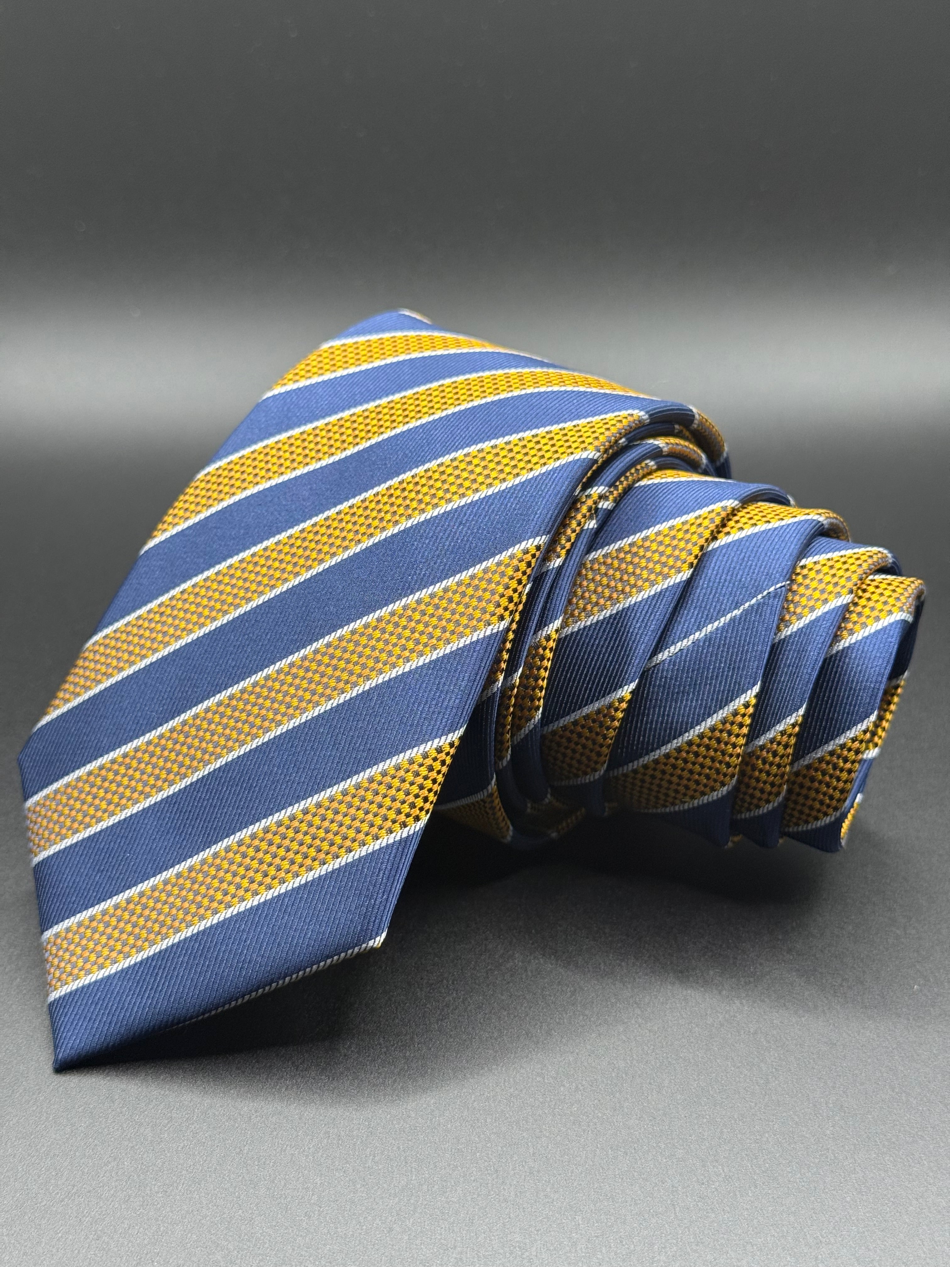 Navy, Yellow, and White Striped Necktie