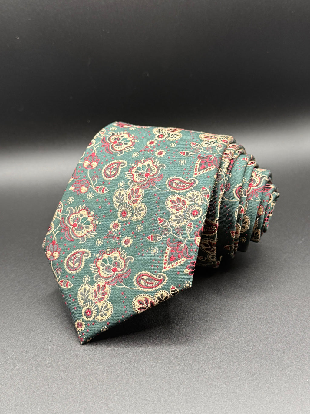 Cream, Gold, and Burgundy on Deep Green Cherry Blossom Paisley Necktie