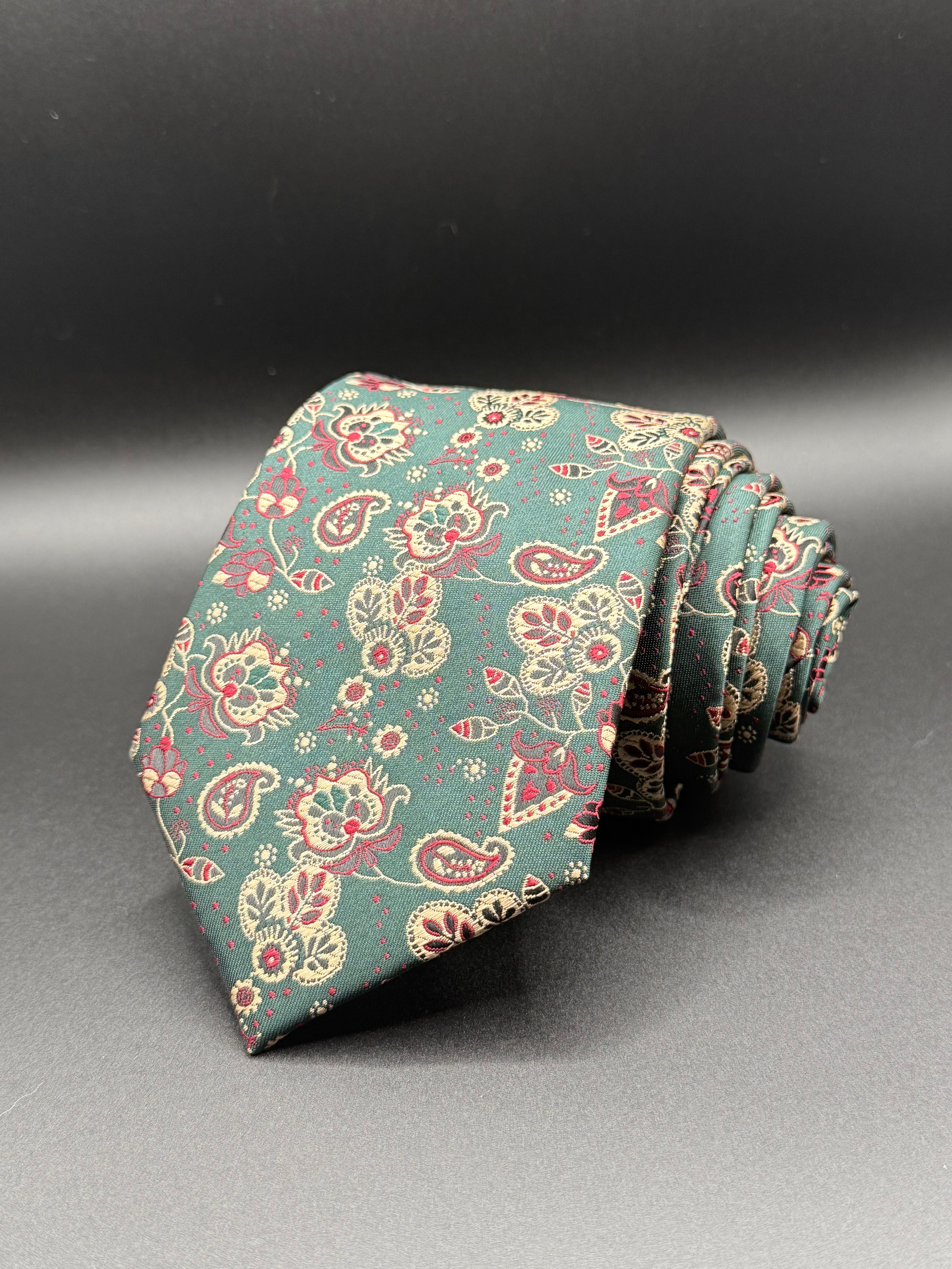 Cream, Gold, and Burgundy on Deep Green Cherry Blossom Paisley Necktie