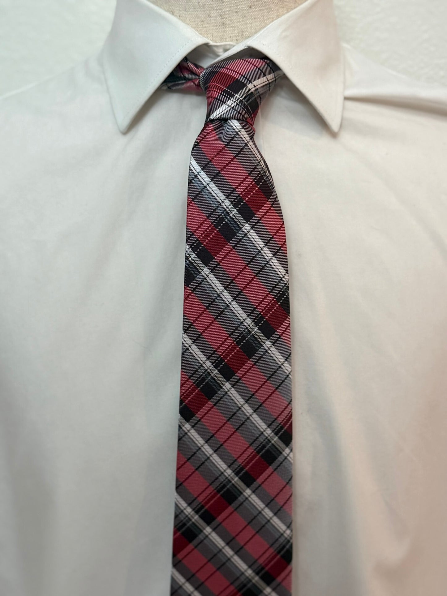 White, Gray, and Black Stripes on Red Plaid Necktie
