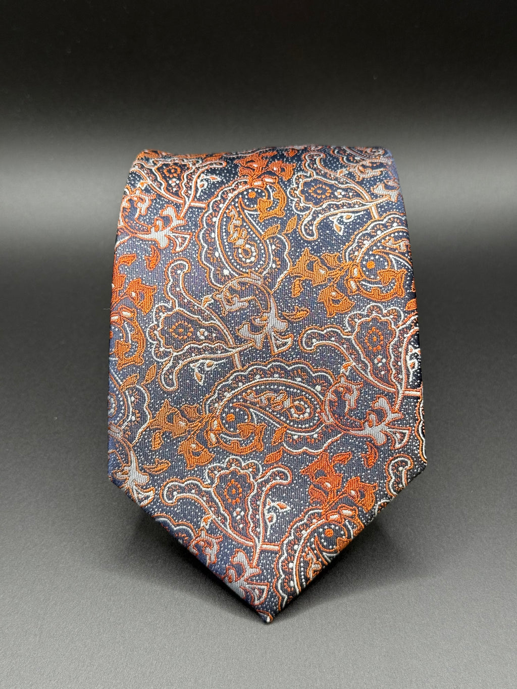Burnt Orange and Cream Paisley on Slate Blue Necktie