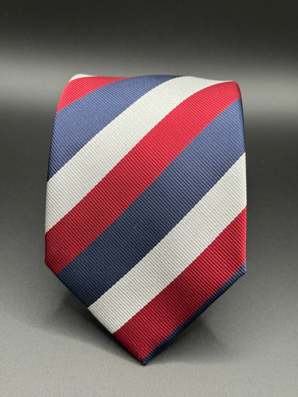 Navy, Red, and Light Grey Stiped Necktie