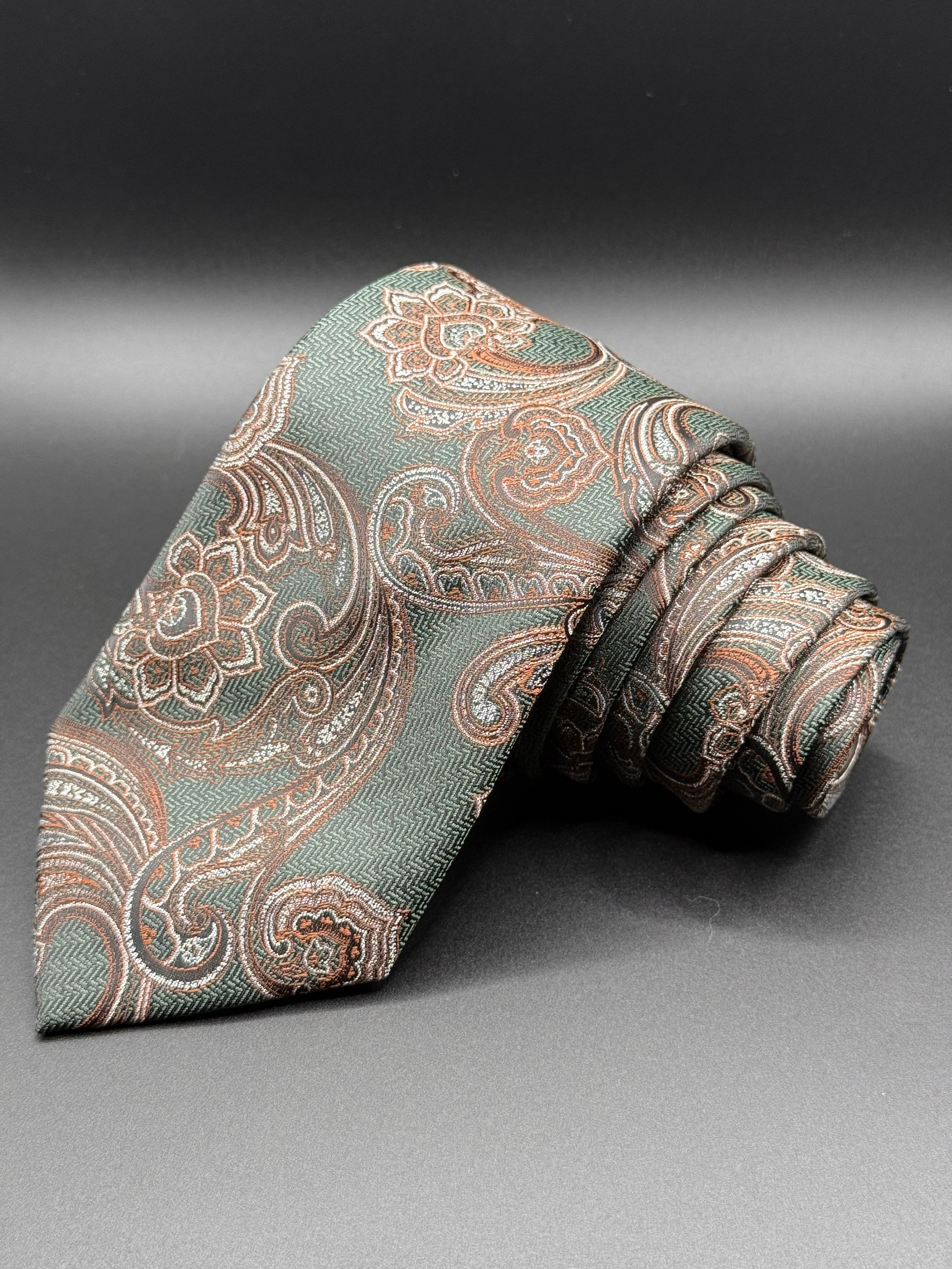 Brown and Silver Vintage Paisley on Deep Forest Green necktie