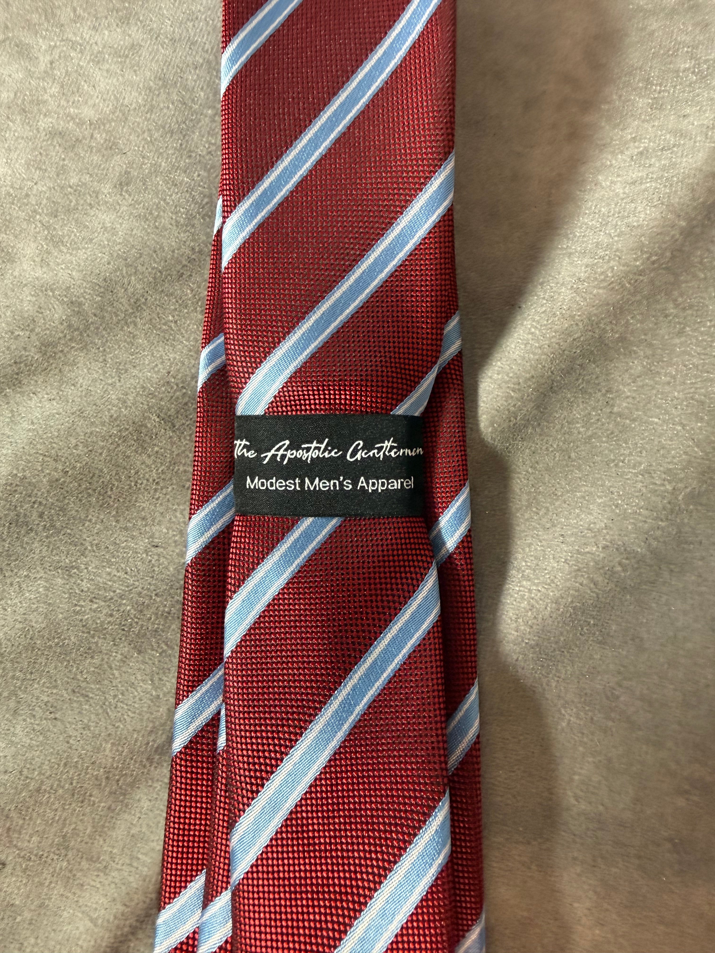 Deep Red, Sky Blue, and White Striped Necktie