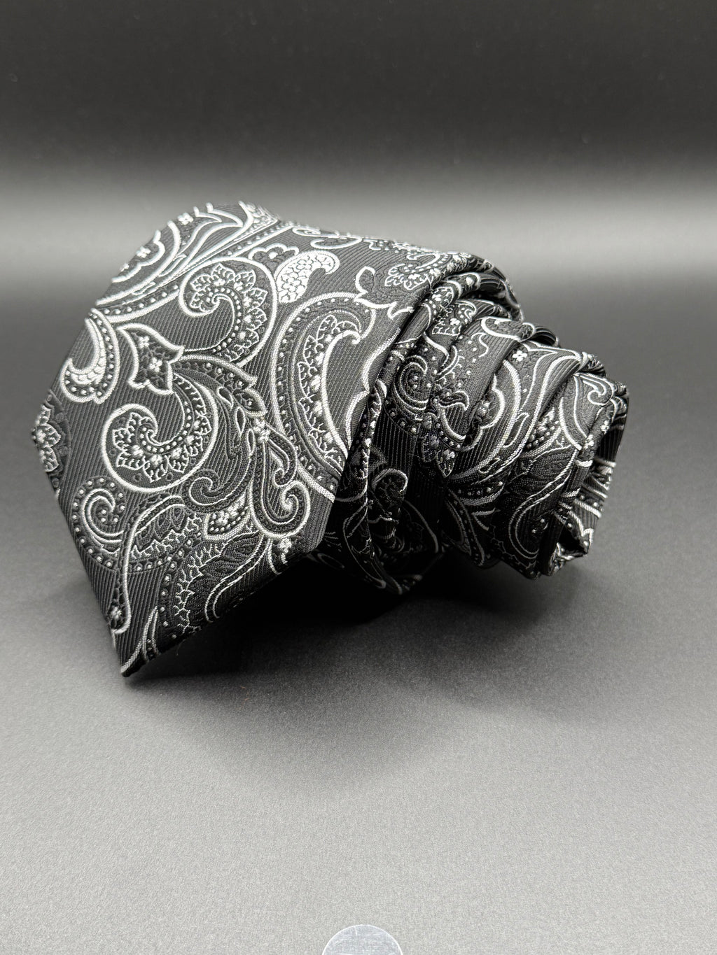Silver and Black Paisley on Deep Black Necktie