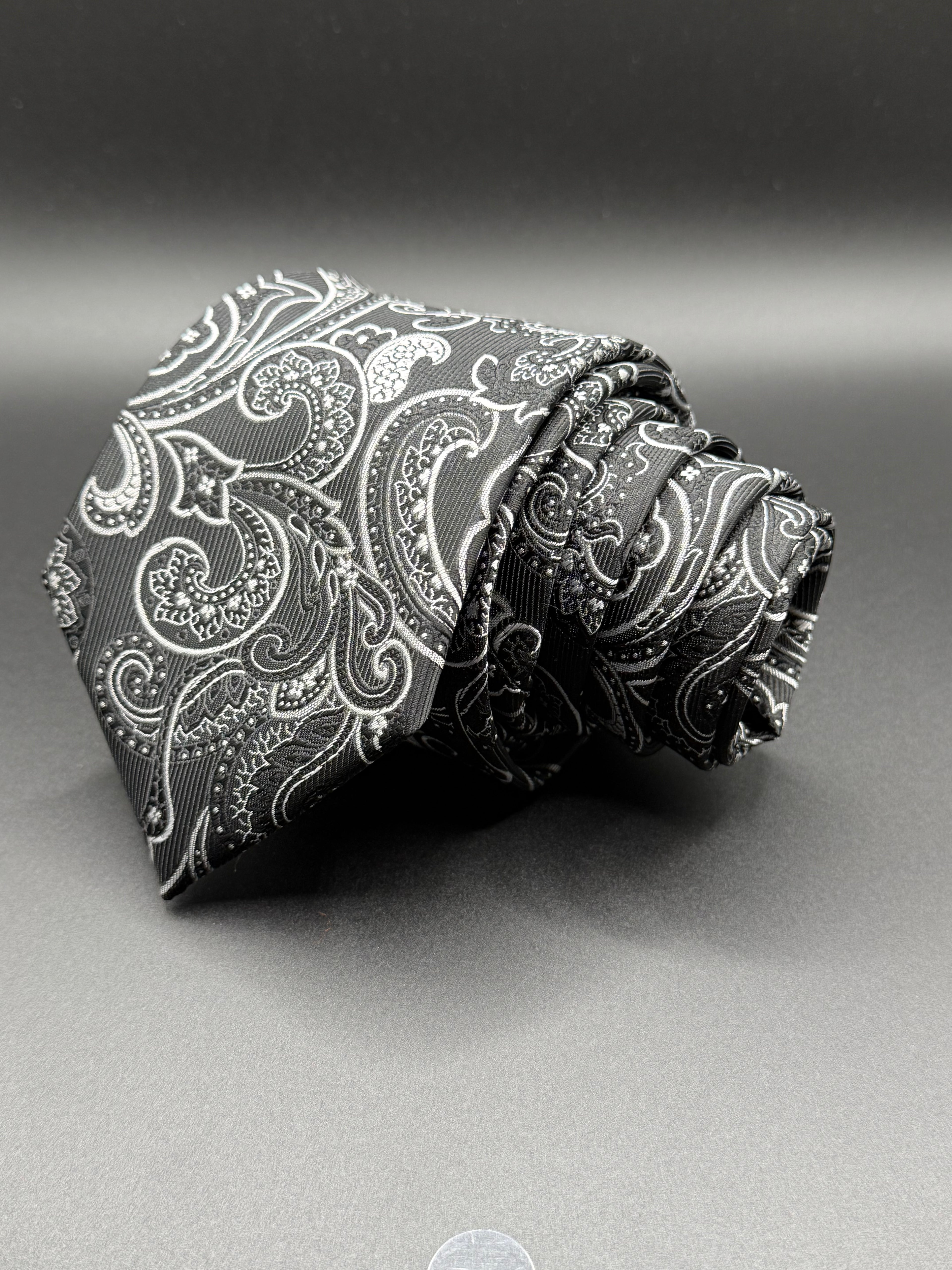 Silver and Black Paisley on Deep Black Necktie