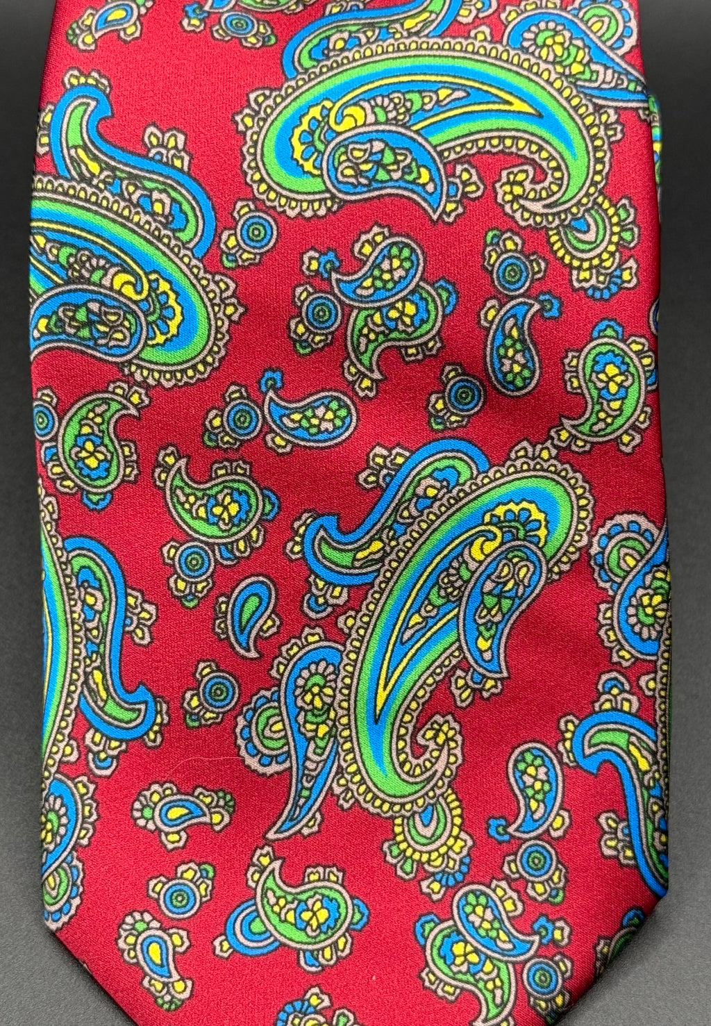 Lime Green, Yellow, and Turquoise Vintage Paisley on Red Necktie