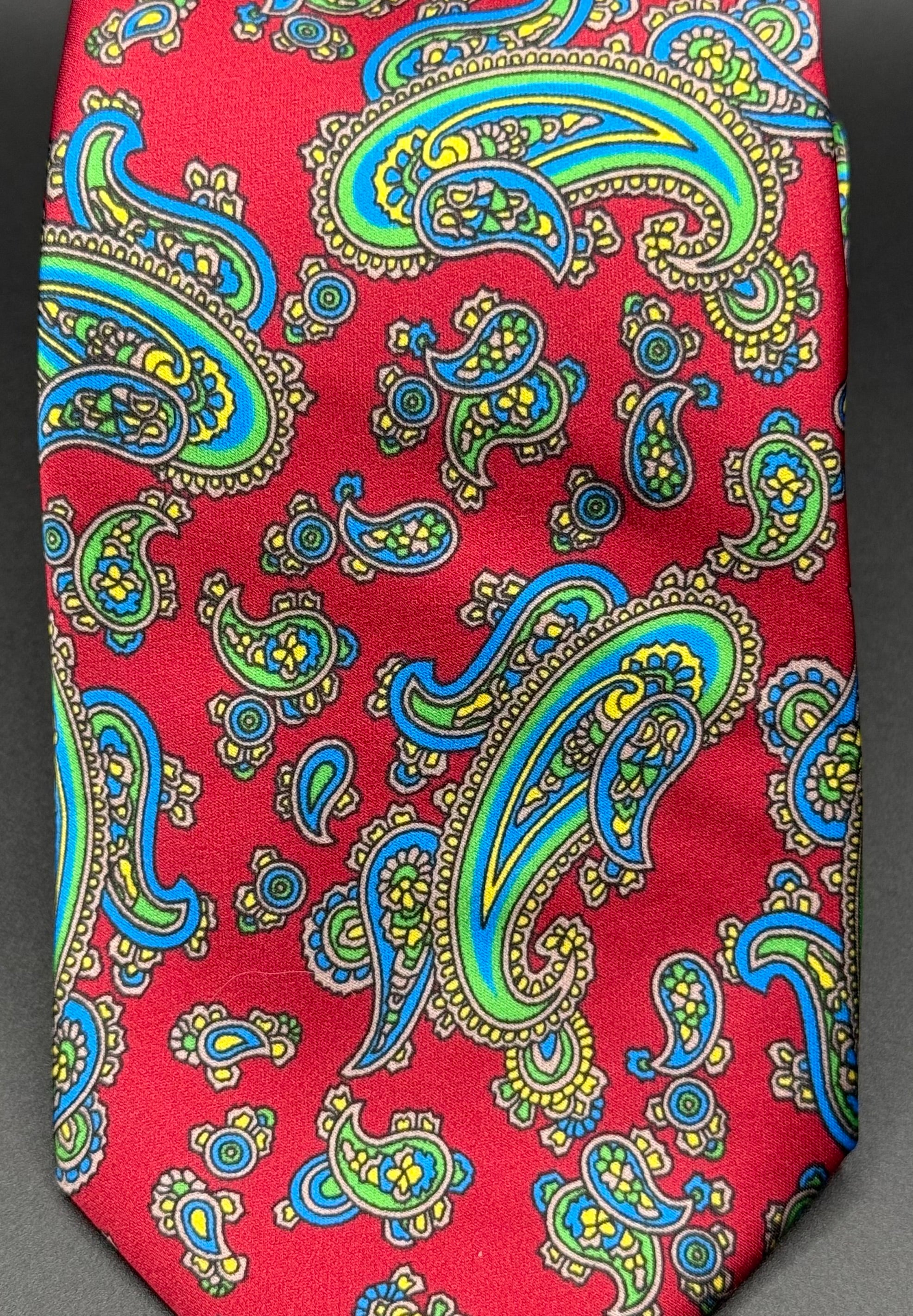 Lime Green, Yellow, and Turquoise Vintage Paisley on Red Necktie