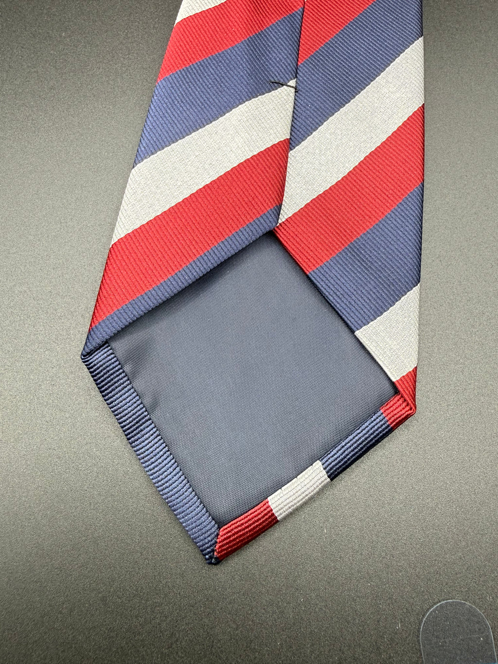 Navy, Red, and Light Grey Stiped Necktie