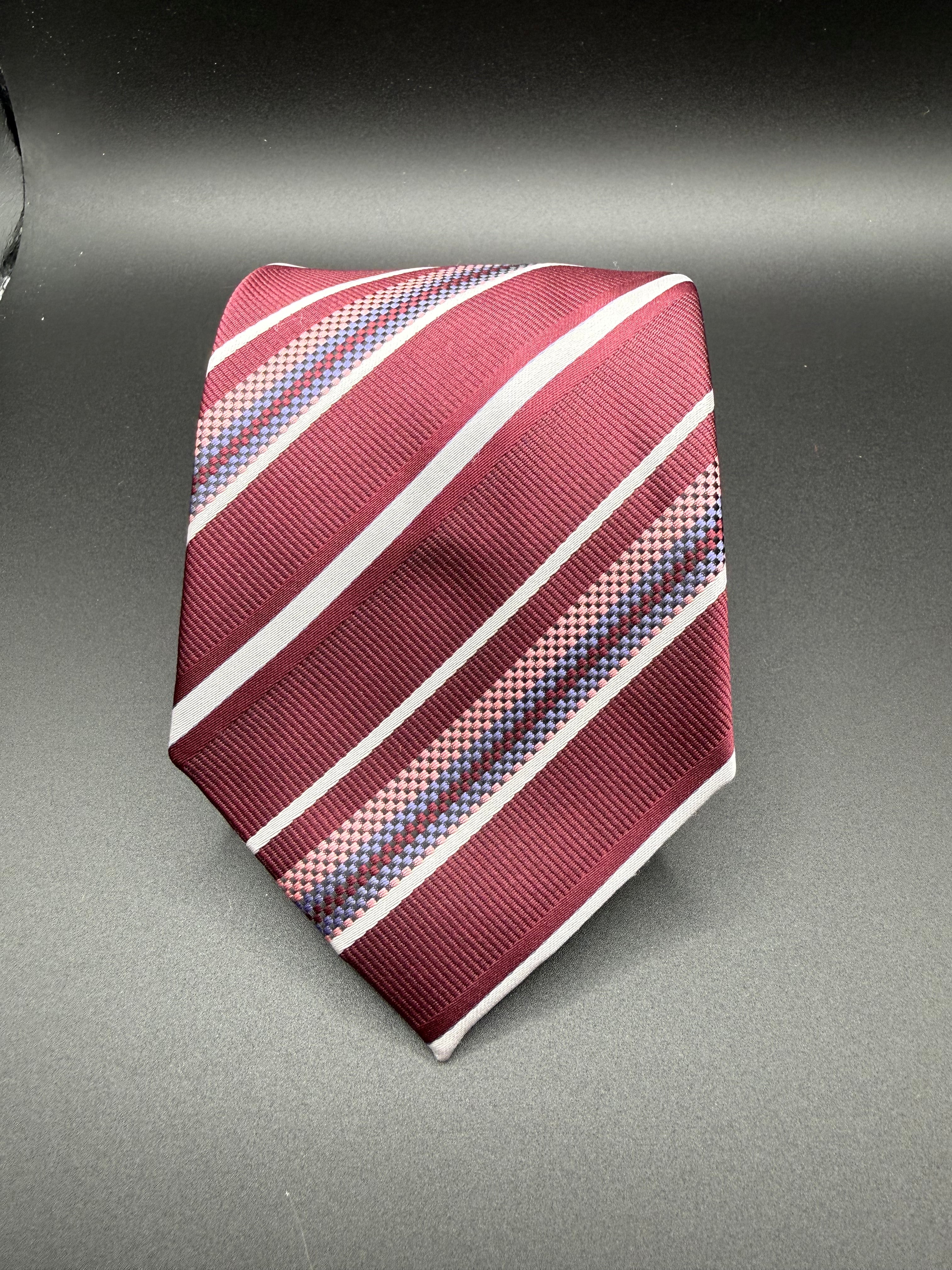 White, Rose, and Lavender Stripes on Burgundy Necktie