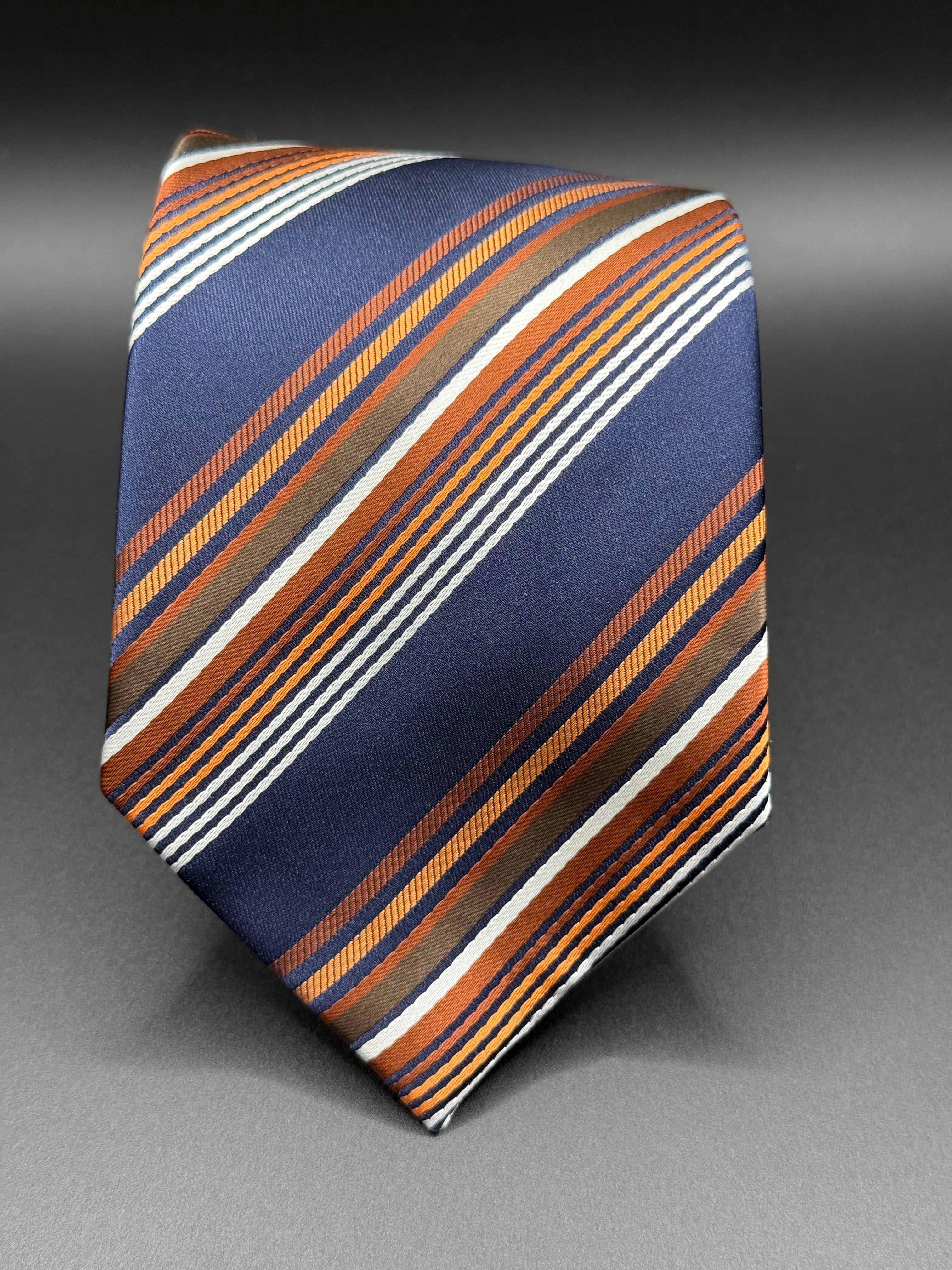 Navy, Copper, Burnt Orange, and Deep Brown Striped Necktie