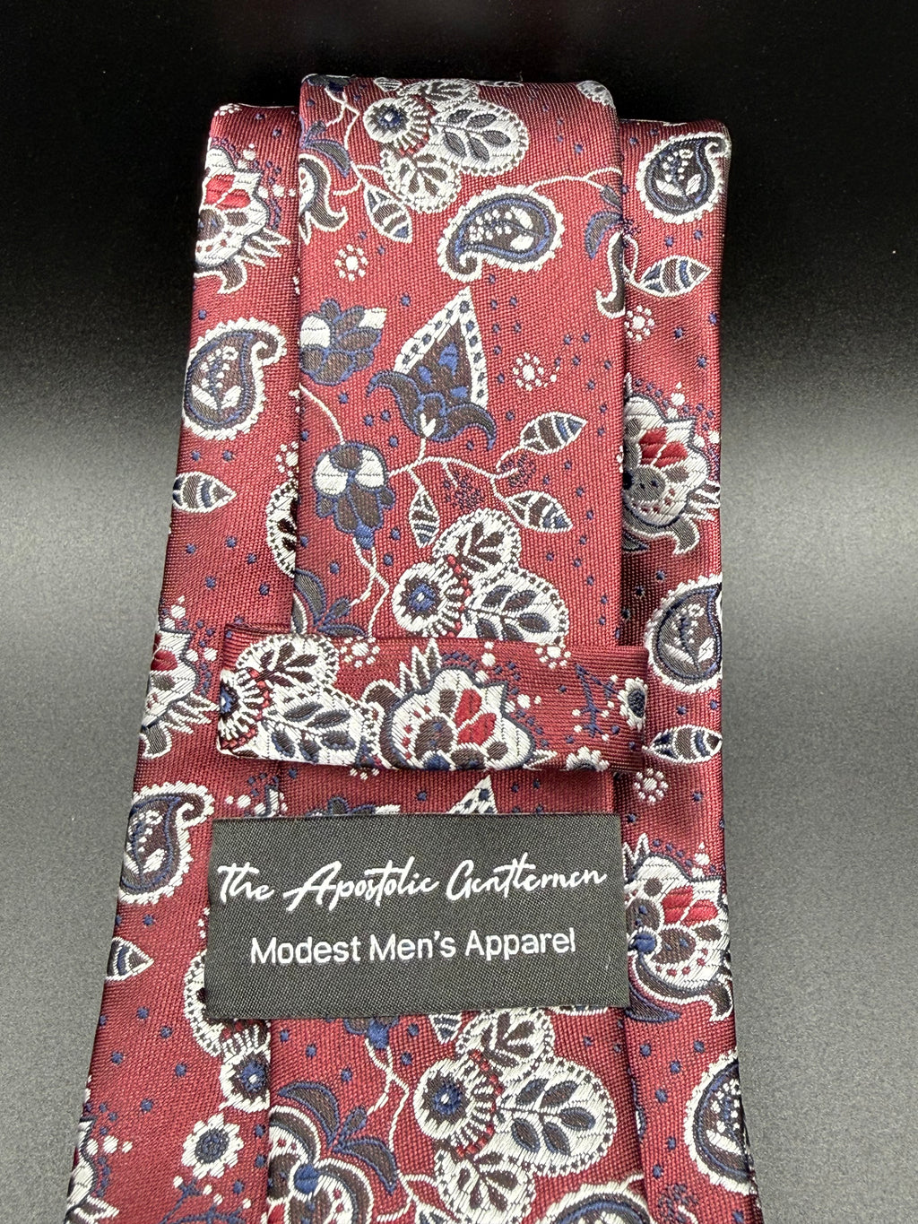 Navy, Silver-grey, and White on Burgundy Cherry Blossom Paisley Necktie
