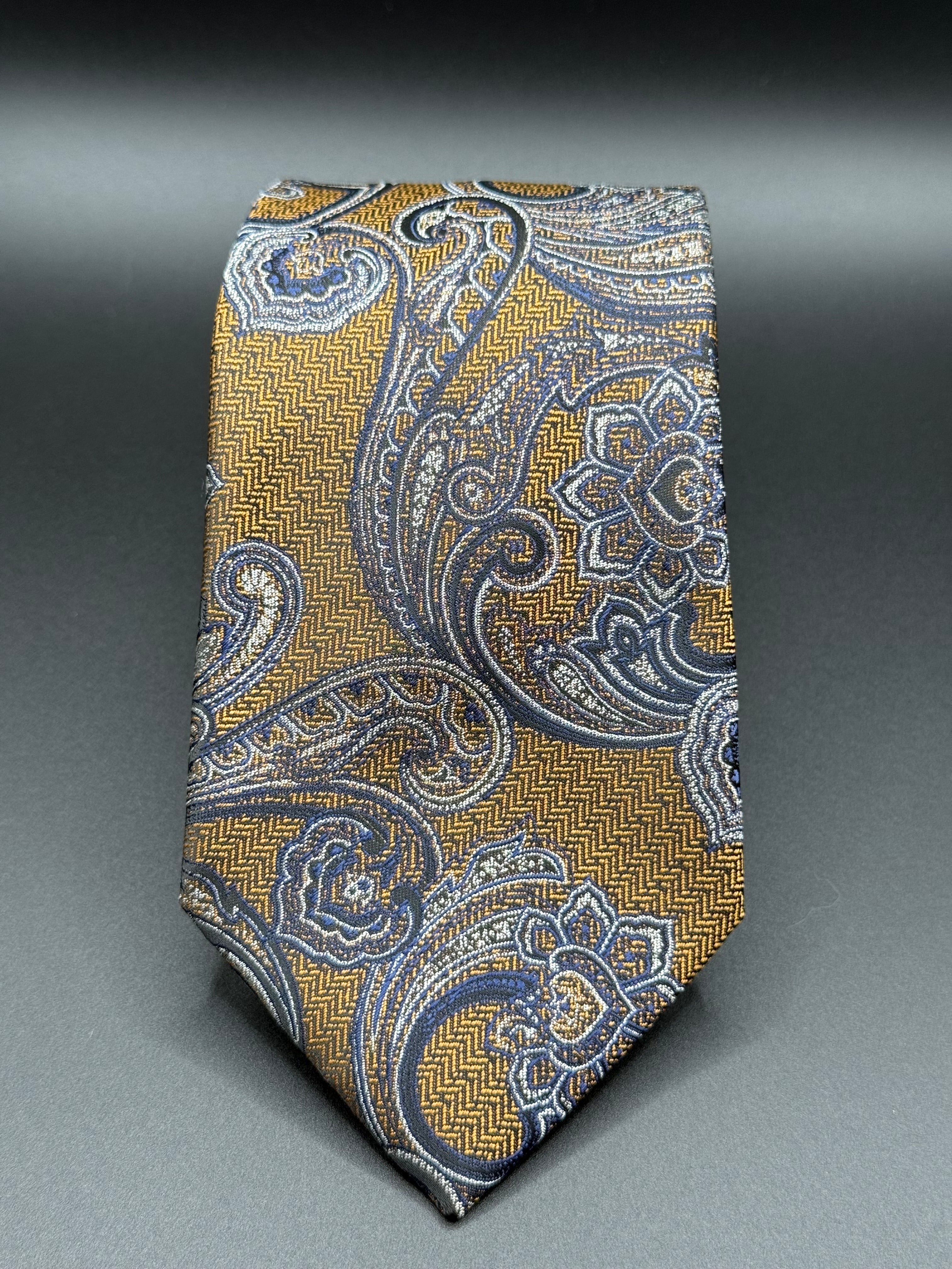 Silver and Sky Blue Vintage Paisley on Golden Yellow Necktie