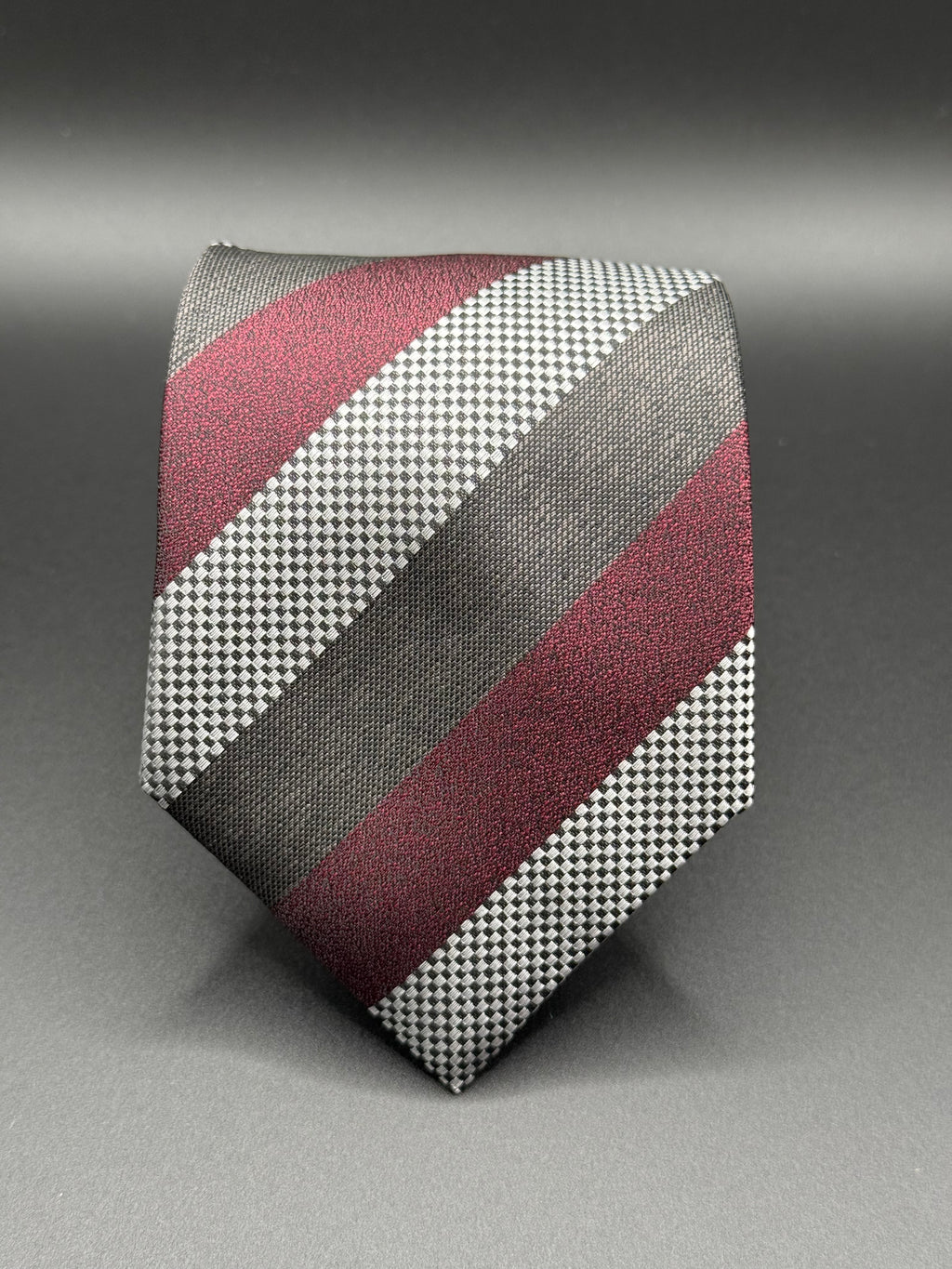 Burgundy, Charcoal White and Black Checkered Striped Necktie