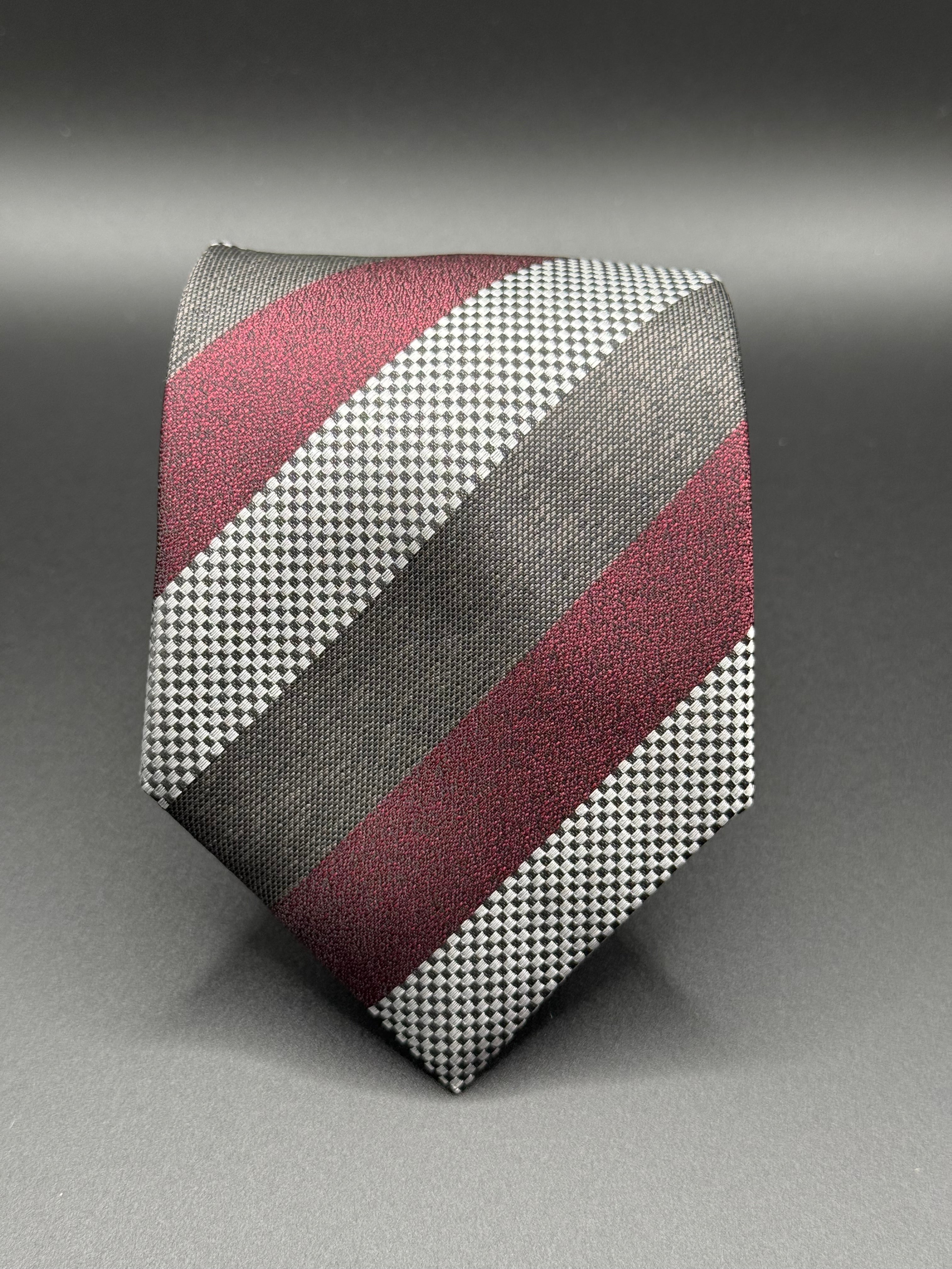 Burgundy, Charcoal White and Black Checkered Striped Necktie