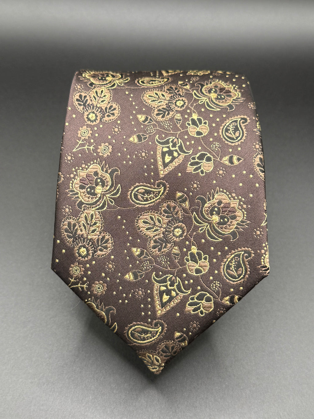 Tan, Black and Gold on Brown Cherry Blossom Paisley Necktie
