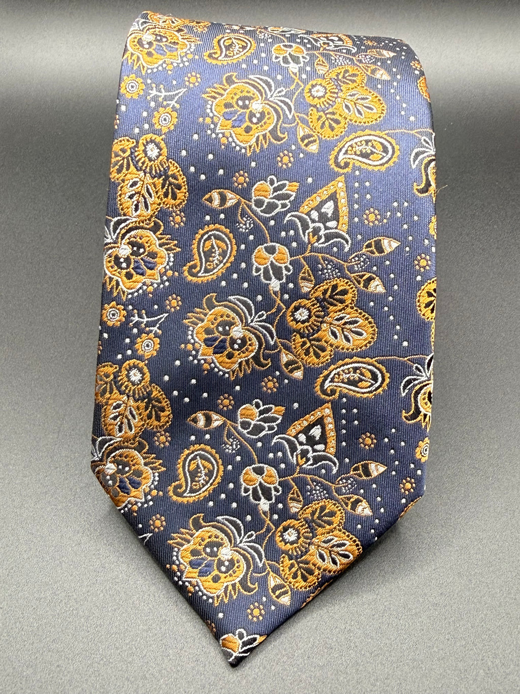 Orange, Cream, and Black on Navy Cherry Blossom Paisley Necktie