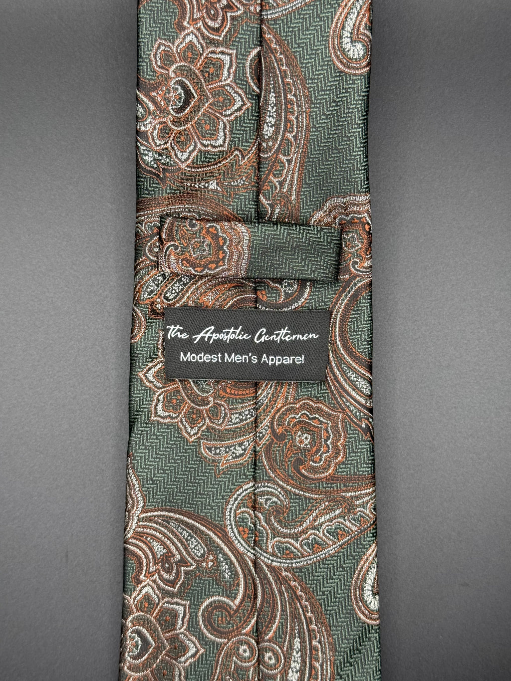Brown and Silver Vintage Paisley on Deep Forest Green necktie