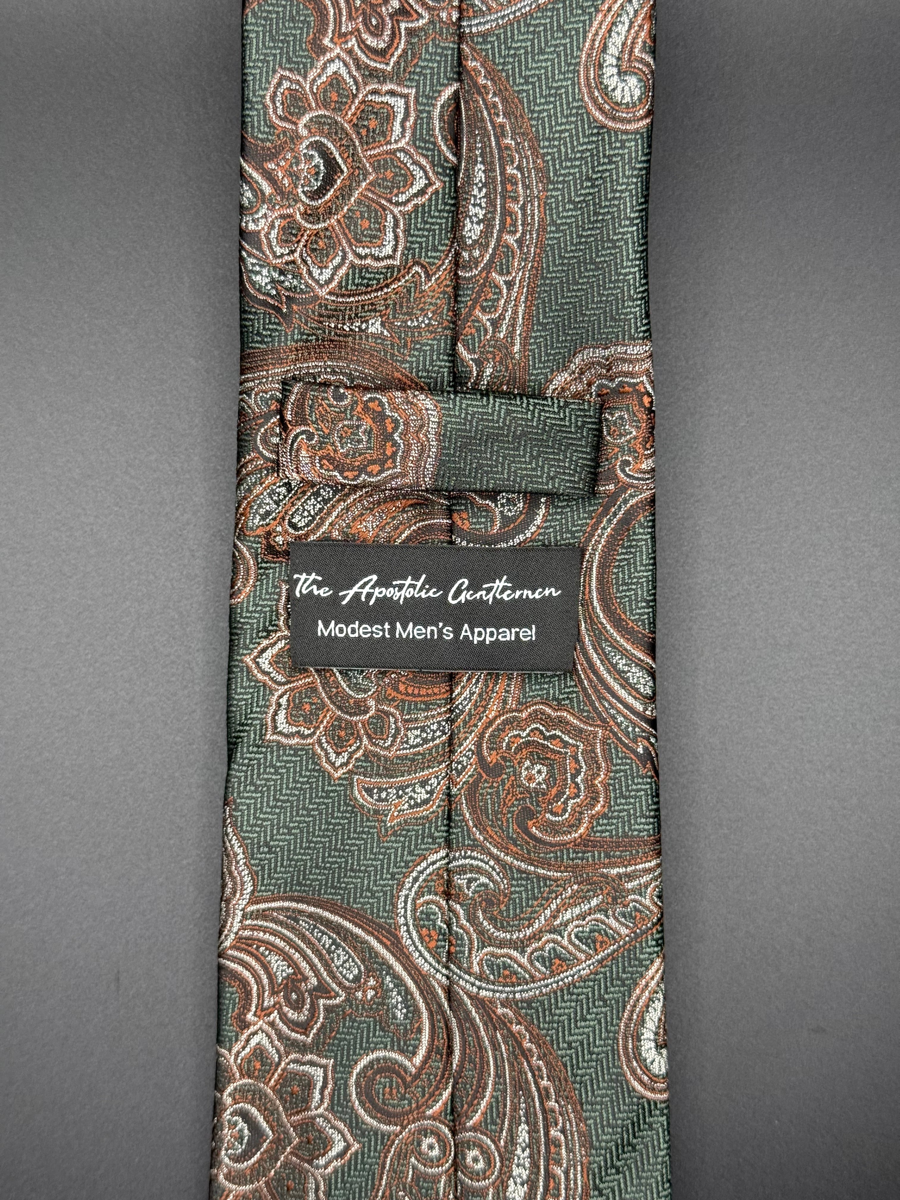 Brown and Silver Vintage Paisley on Deep Forest Green necktie