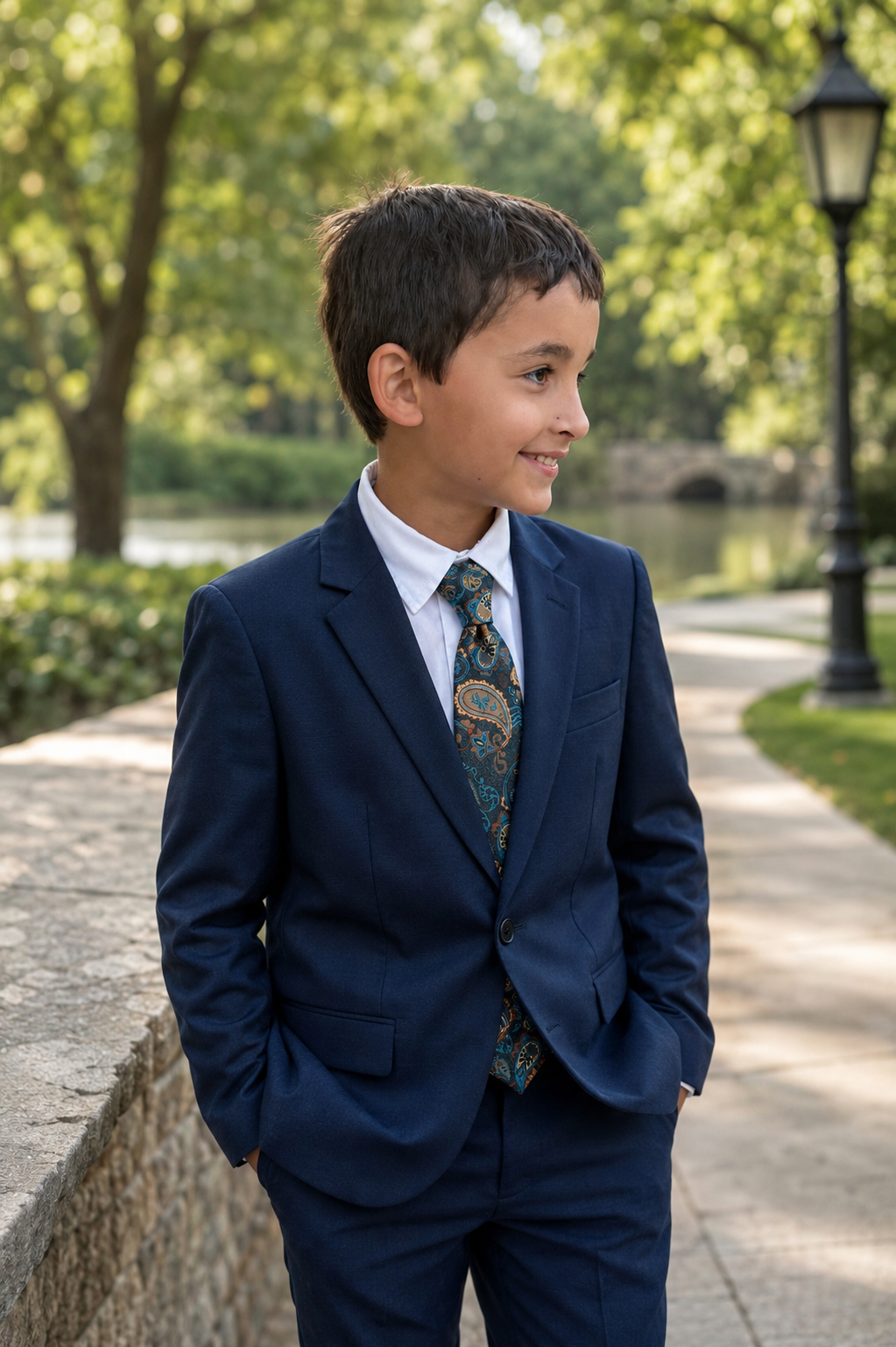 Gold, Teal, and Turquoise Paisley on Charcoal Grey Young Gentleman Necktie