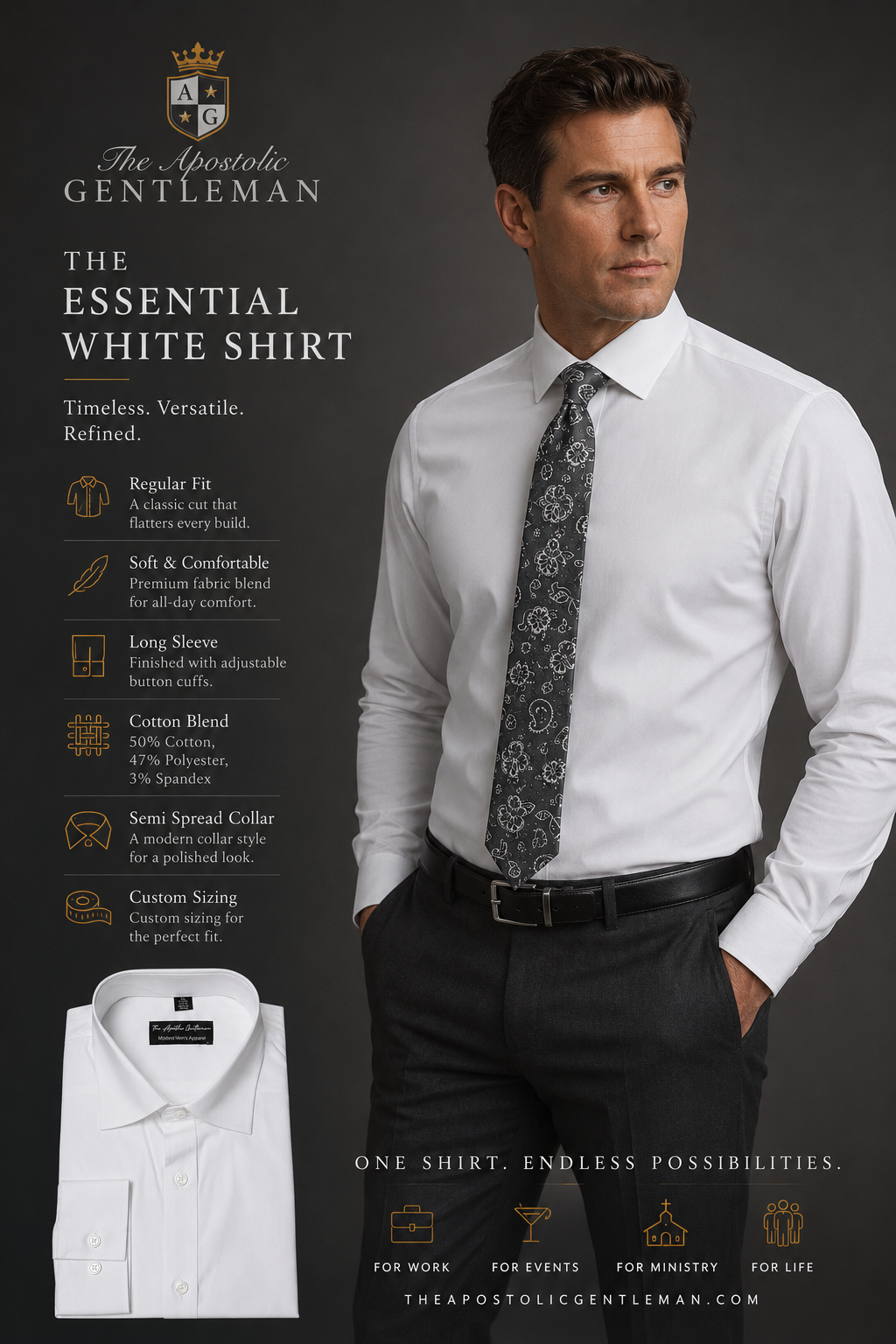 White Classic Men's Long Sleeve Dress Shirt