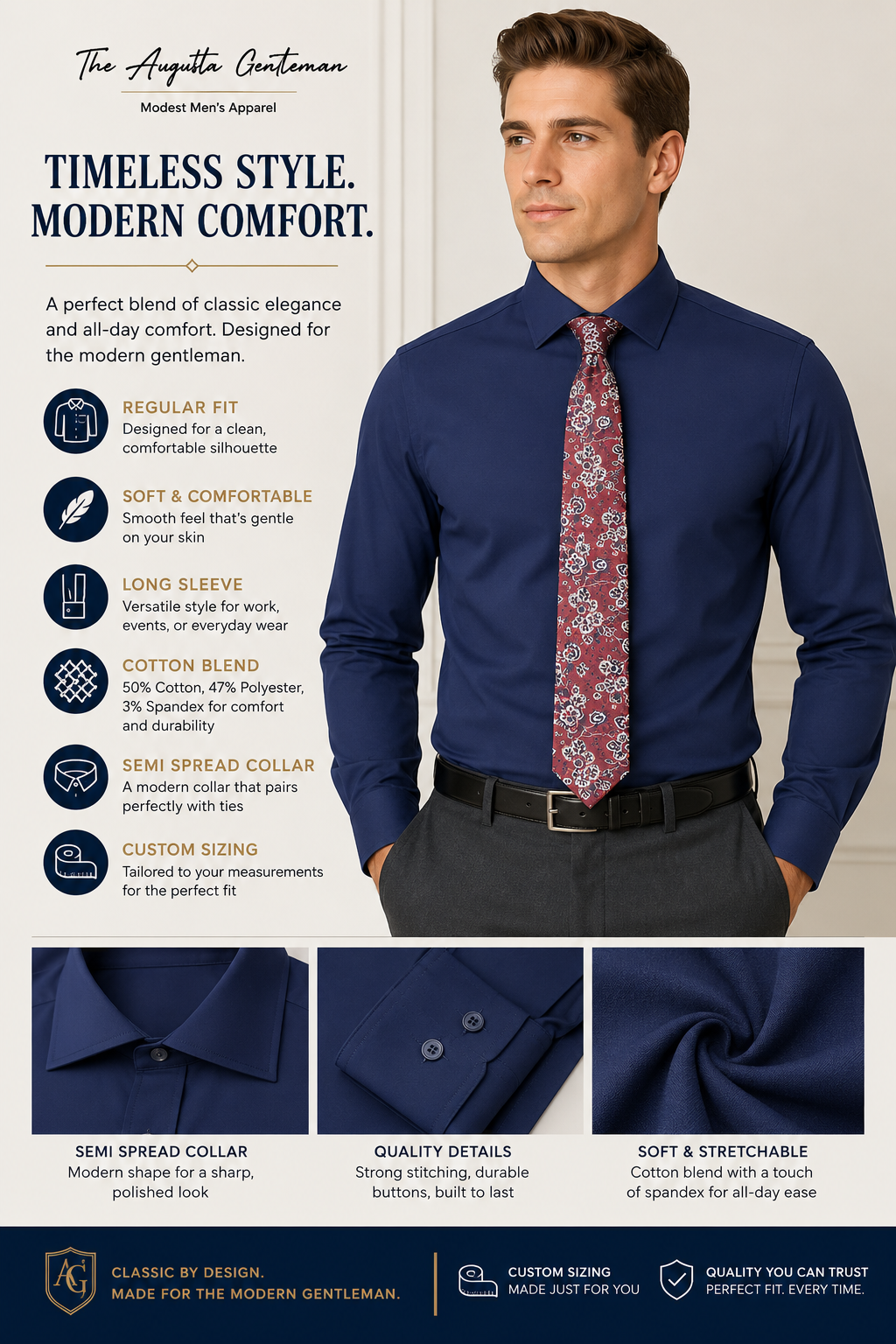 Navy Classic Men's Long Sleeve Dress Shirt
