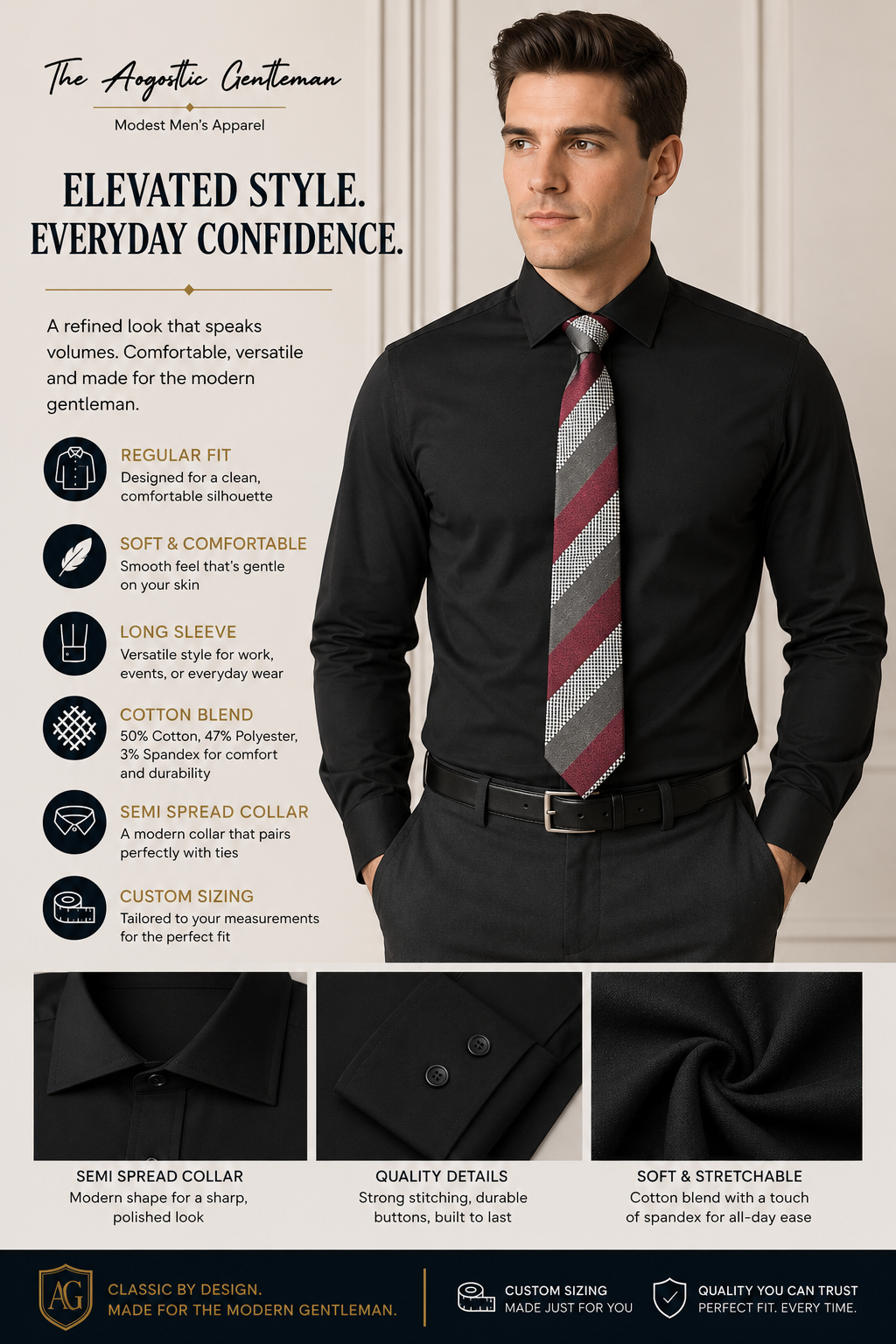 Black Classic Men's Long Sleeve Dress Shirt