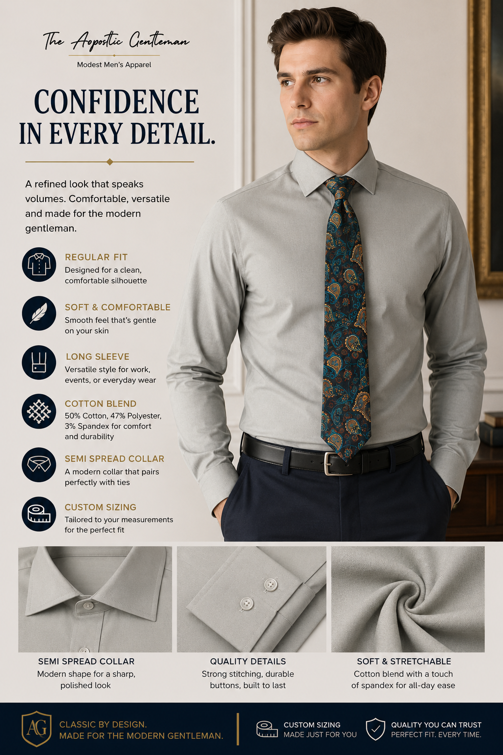 Light Grey Classic Men's Long Sleeve Dress Shirt