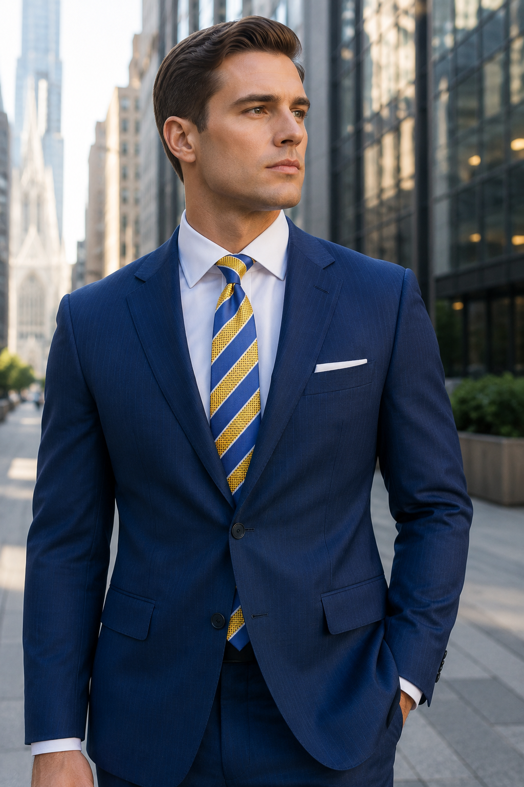 Navy, Yellow, and White Striped Necktie