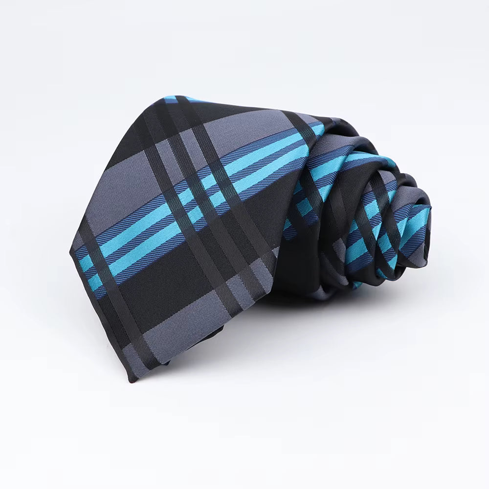 Black, Grey, and Aqua Blue Striped Necktie