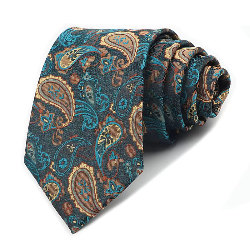 Gold, Teal, and Turquoise Paisley on Charcoal Grey Necktie