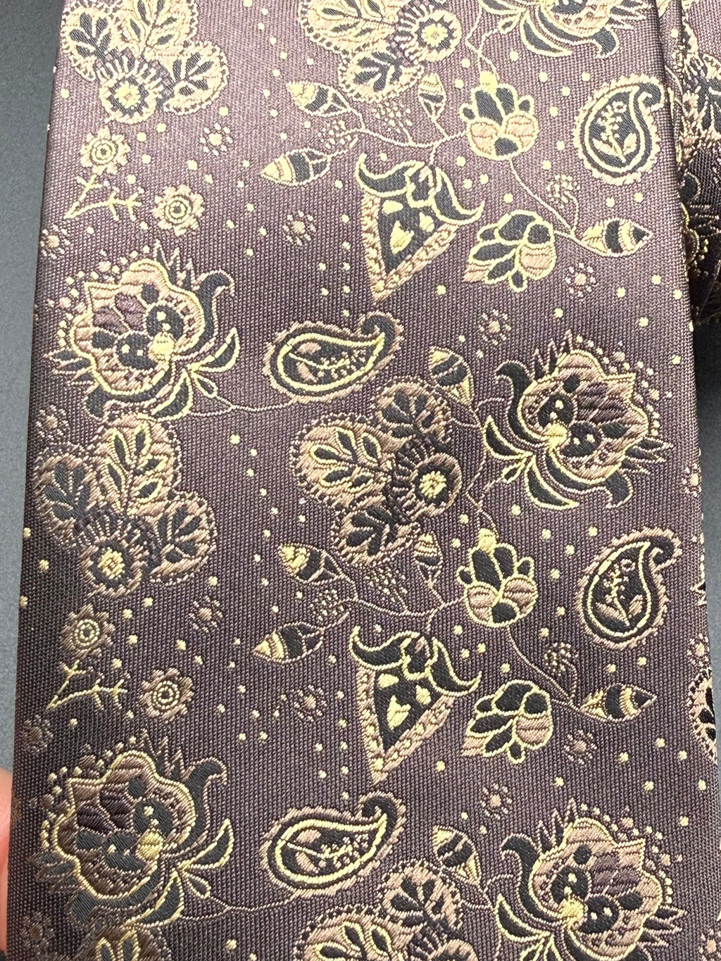 Tan, Black and Gold on Brown Cherry Blossom Paisley Necktie
