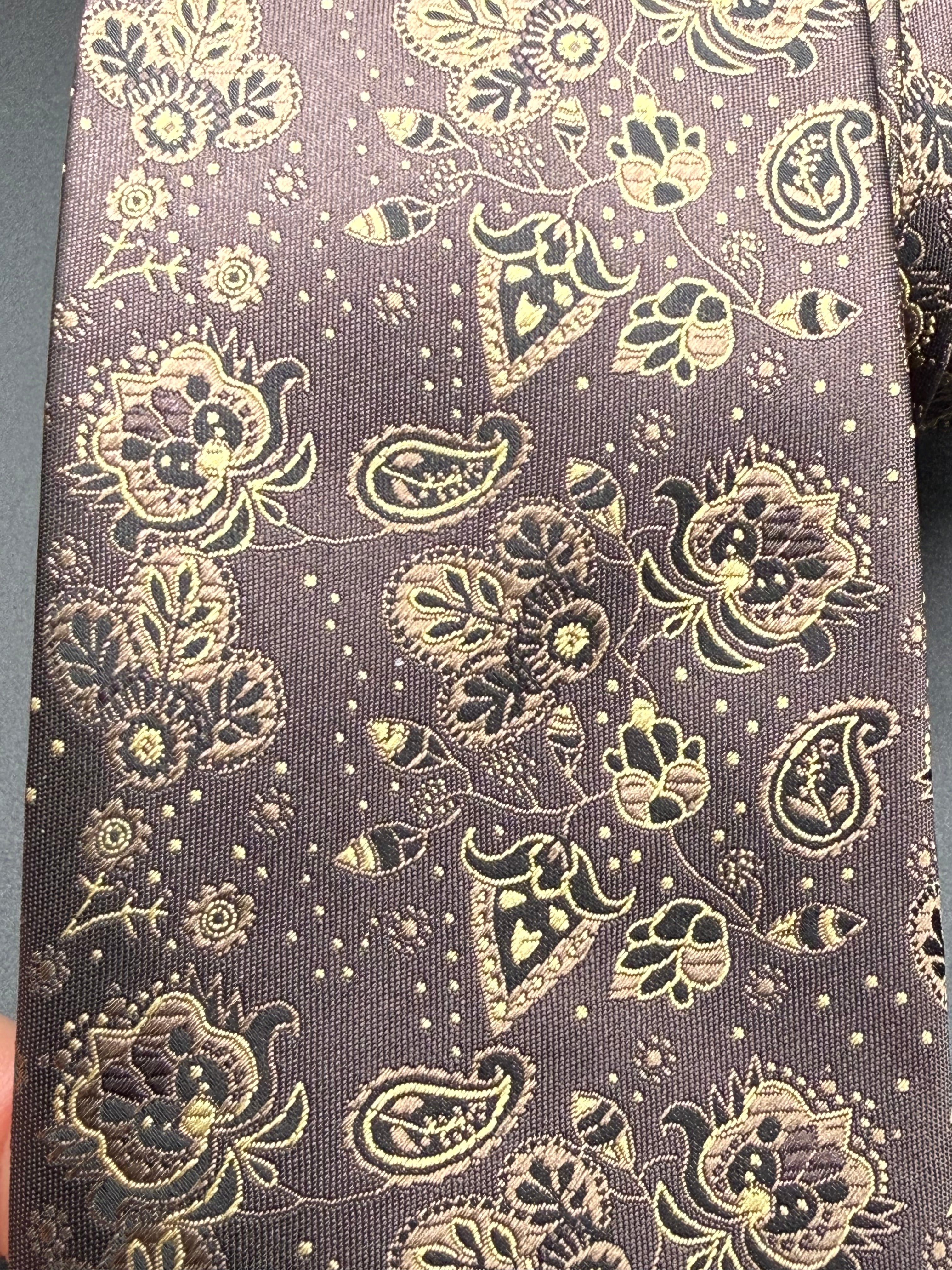 Tan, Black and Gold on Brown Cherry Blossom Paisley Necktie