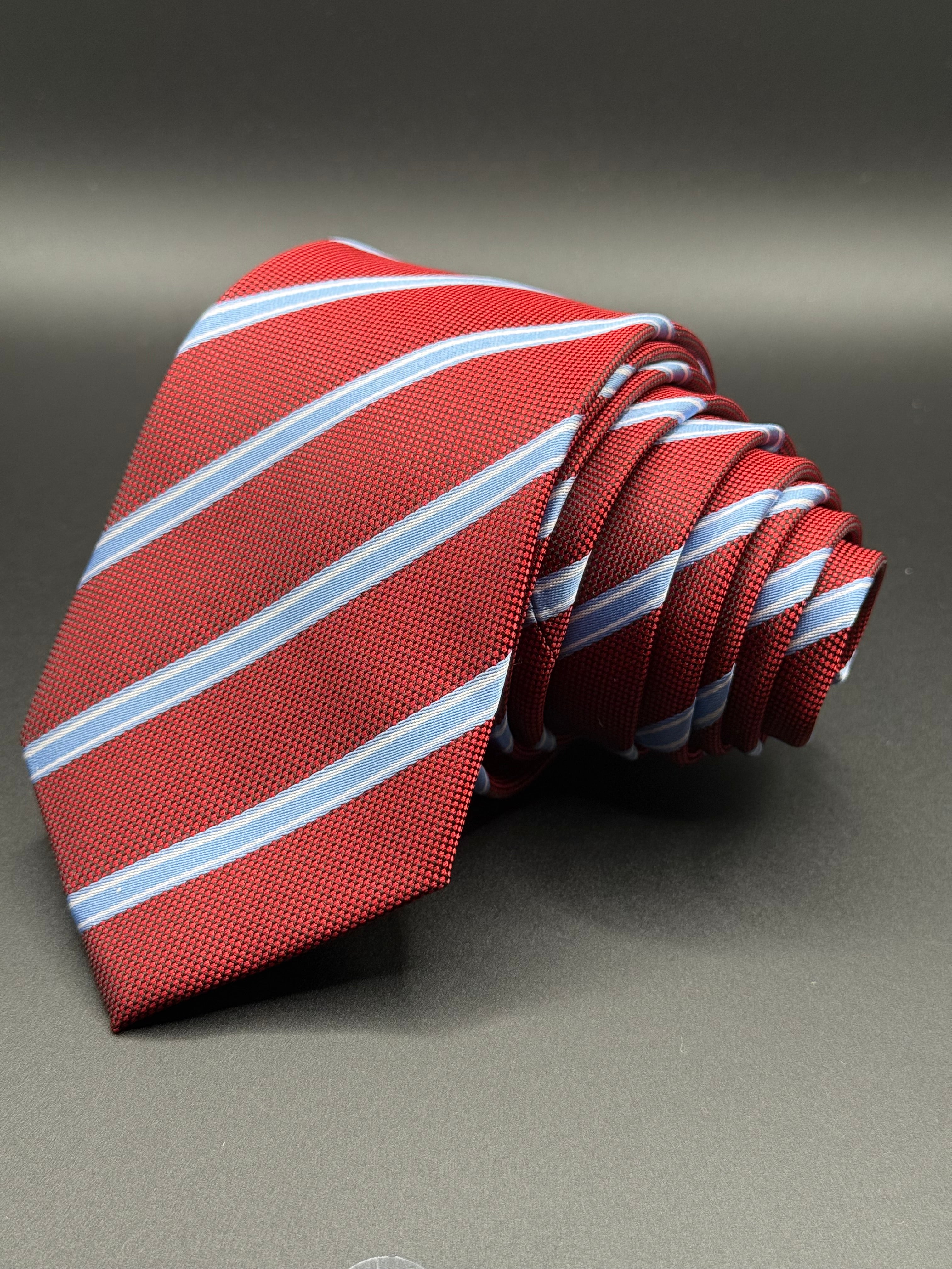 Deep Red, Sky Blue, and White Striped Necktie