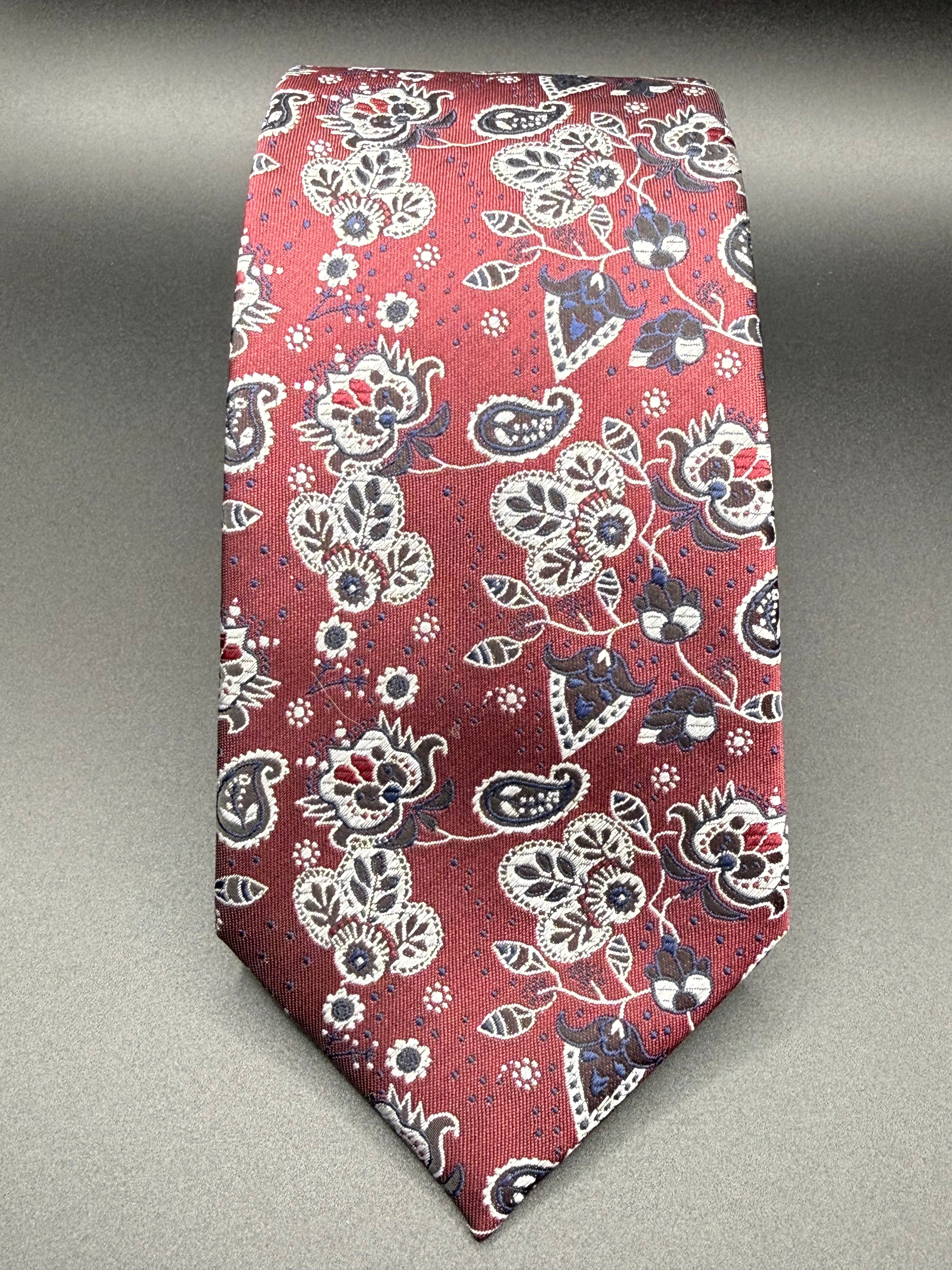 Navy, Silver-grey, and White on Burgundy Cherry Blossom Paisley Necktie