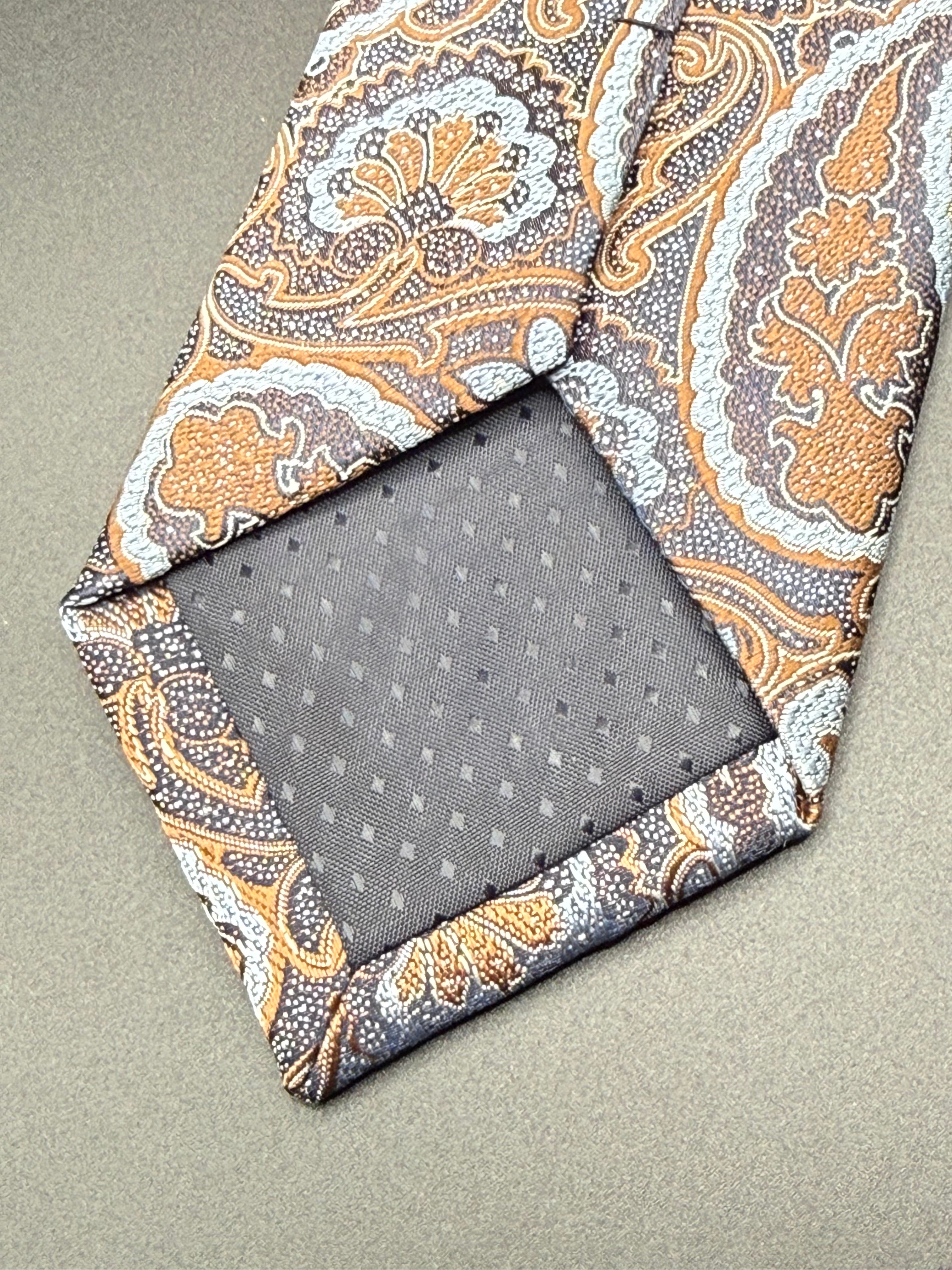 Bronze, Cream, and Sky Blue Paisley on Steel Blue Necktie
