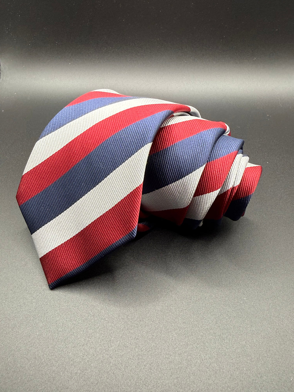 Navy, Red, and Light Grey Stiped Necktie
