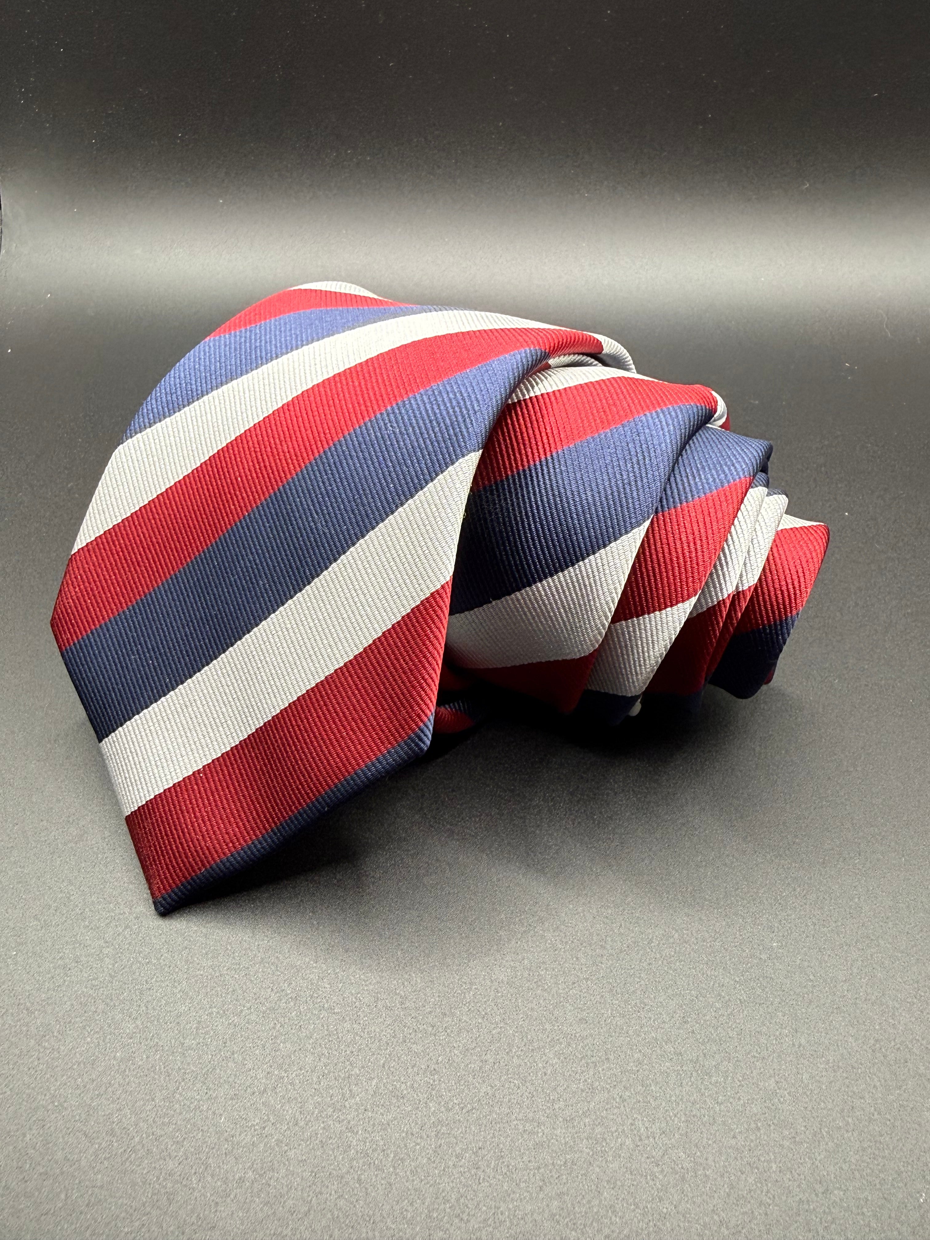 Navy, Red, and Light Grey Stiped Necktie